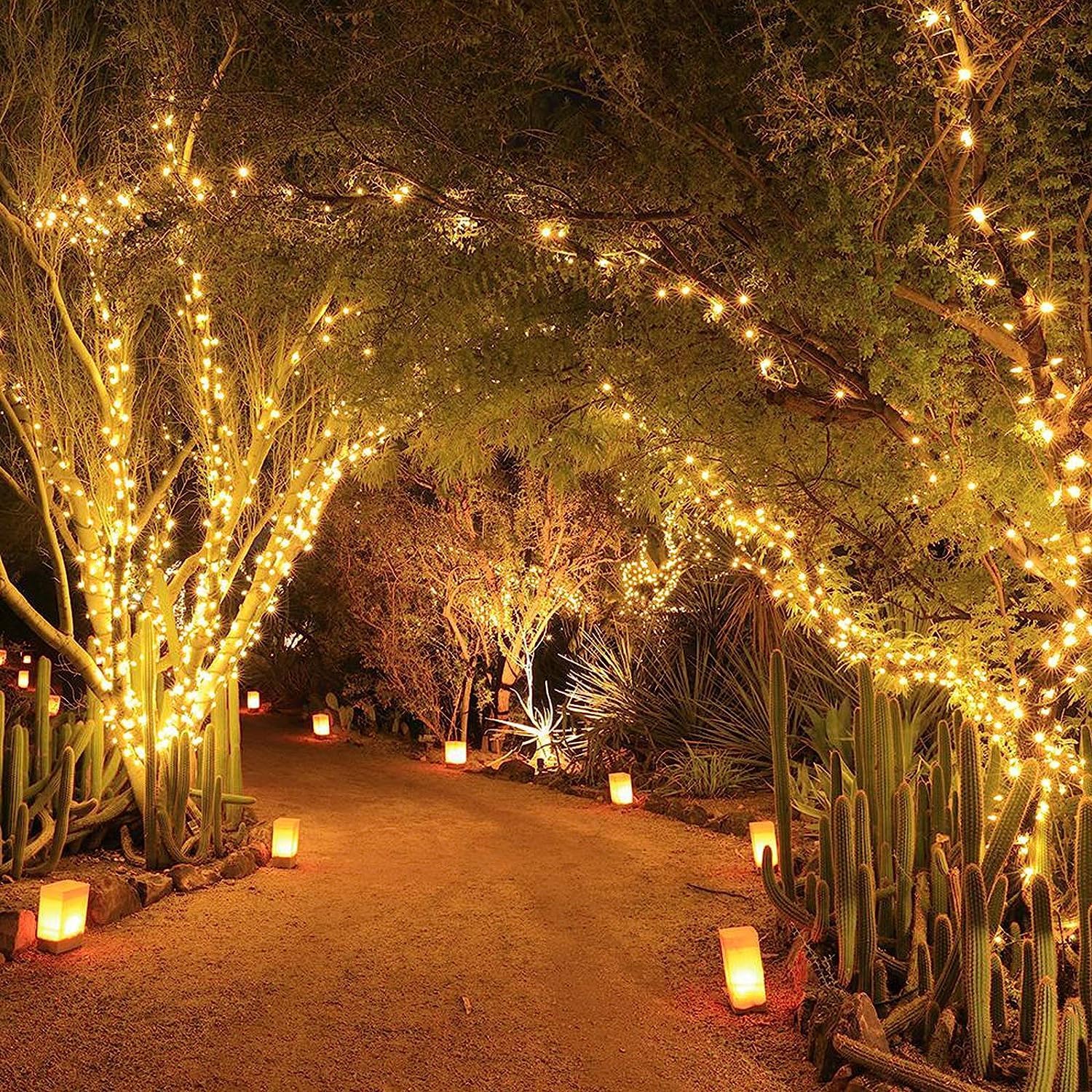 iBaycon Guirlanda Solar para Exteriores,12 m 100 Led Resistente a La Intemperie, 8 Modos Impermeable Ideal para Jardín Terraza Árboles Patio, Fiestas y Decoración Exterior (Blanco Cálido)