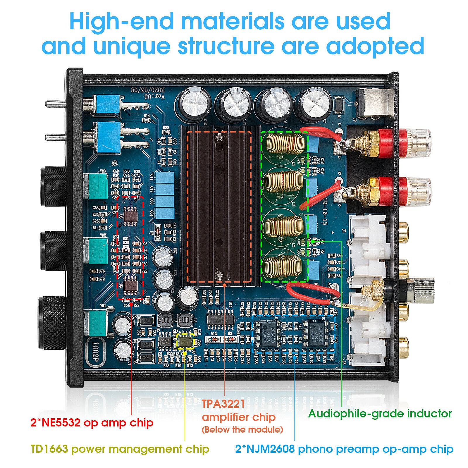 Nobsound 1002P Mini HiFi Stereo Verstärker mit TPA3221 Chip, 2 Kanäle Digitalverstärker, 200W Class D Leistungsverstärker für Desktop Audio, MM Phono Verstärker für Plattenspieler