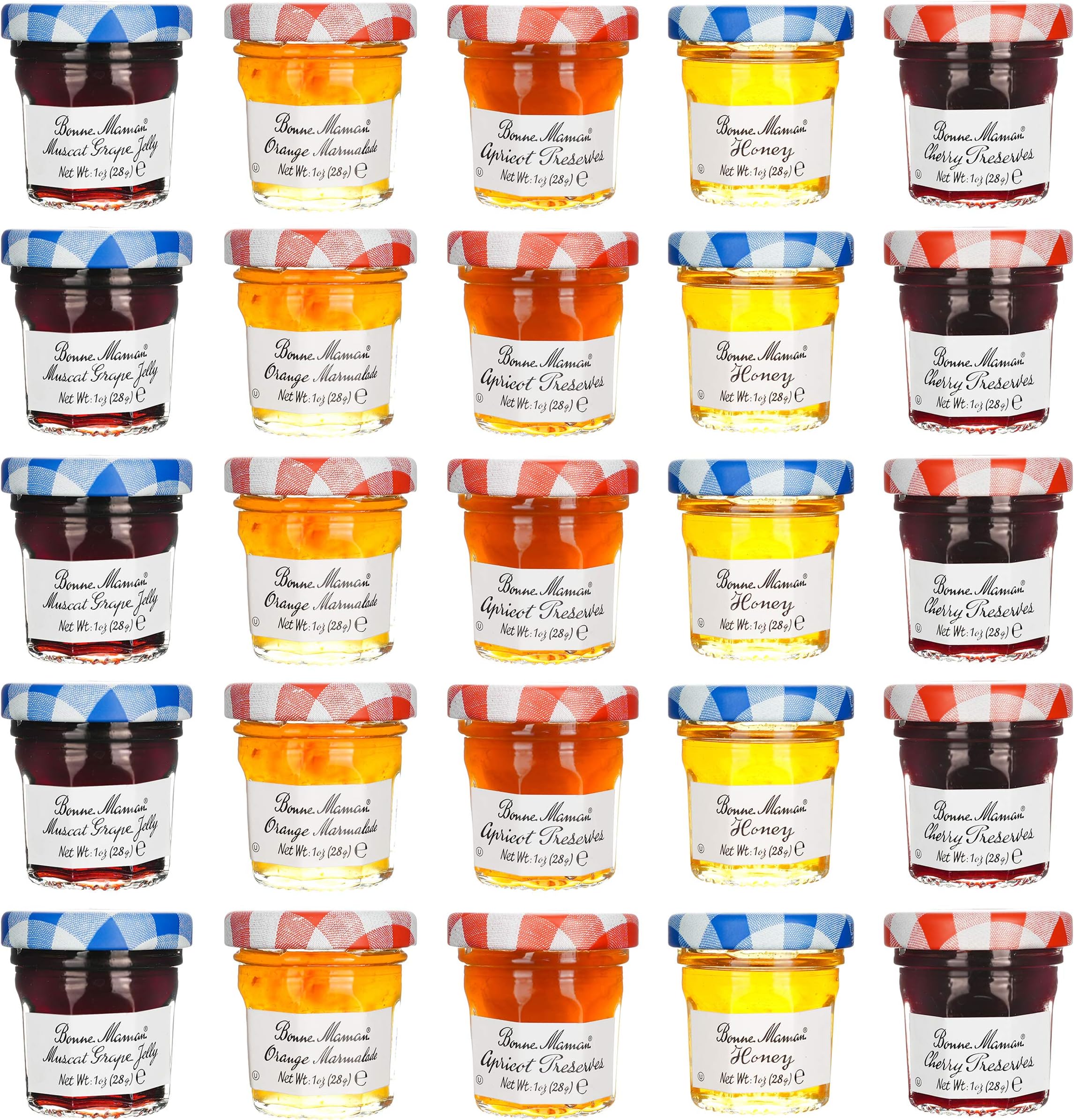 Jam Assorted - 30 jelly jars x 1 ounce - 5 Apricot, 5 Orange, 5 Cherry, 5 Honey, 5 Grape, 5 Blueberry