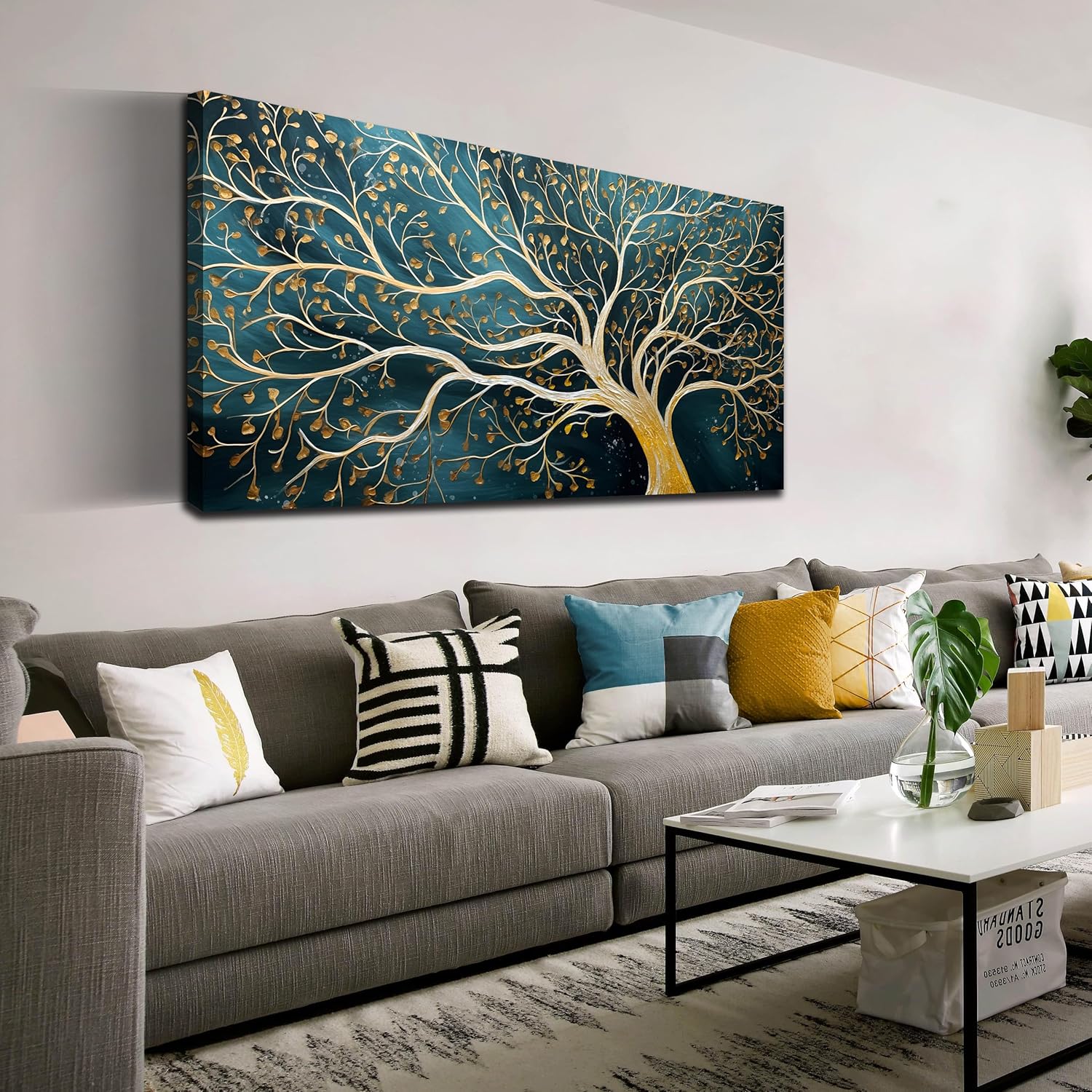 ENTANUB Tree Wall Art for Living Room, Gold and Green Abstract Wall Decor for Bedroom, Tree of Life Print Paintings Artwork, Size 24x48 Inches TREE-7 48L" x 24W"
