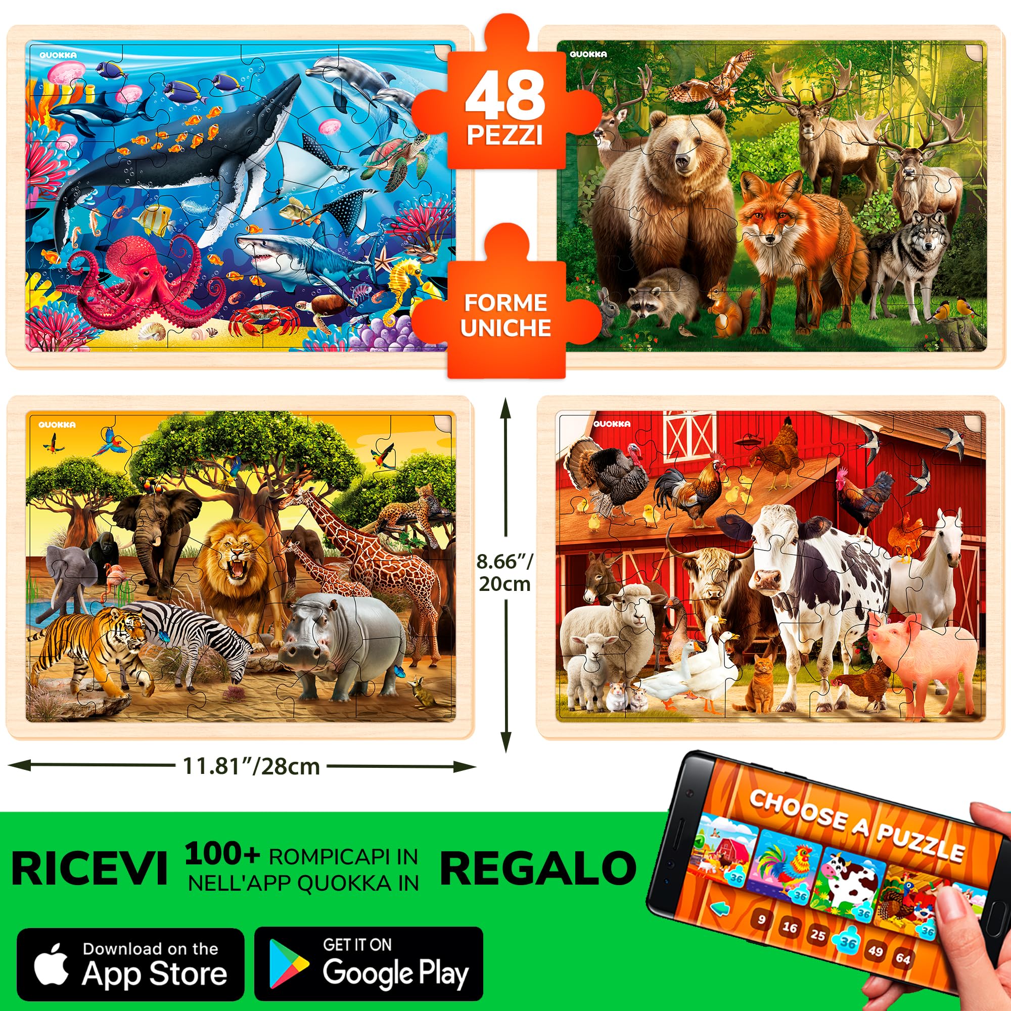 QUOKKA Puzzle Legno Bambini 3 4 5 Anni – 4x48 Pezzi Puzzle Animali Montessori – Gioco Educativo in Legno con Animali Realistici – Regalo per Bambini e Bambine 6 7 8 Anni