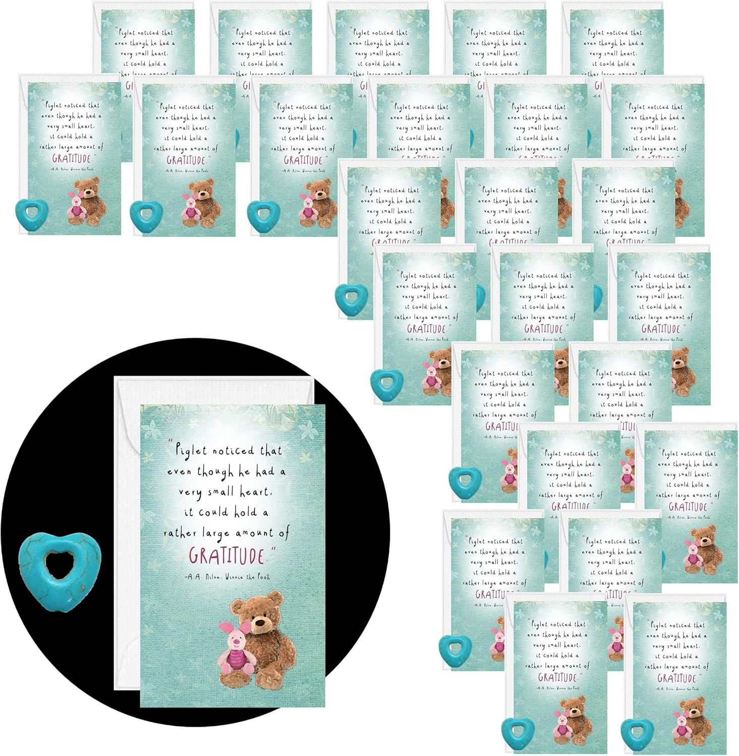 Smiling Wisdom | Bulk 25 Gift Sets | A Heart Can Hold A Lot of Gratitude Piglet Quote Mini Appreciation Cards and Envelopes | Employees Staff Students Teachers | Turquoise Hearts