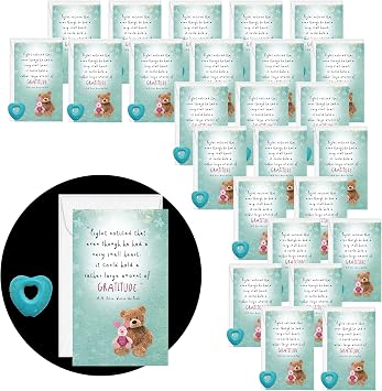 Smiling Wisdom | Bulk 25 Gift Sets | A Heart Can Hold A Lot of Gratitude Piglet Quote Mini Appreciation Cards and Envelopes | Employees Staff Students Teachers | Turquoise Hearts