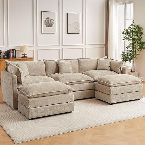 Miniatura 25 de Sofá modular seccional, juego de sofá en forma de L de 112.2 pulgadas con reposabrazos, cómodos sofás de nube de 3 plazas para sala de estar, Café