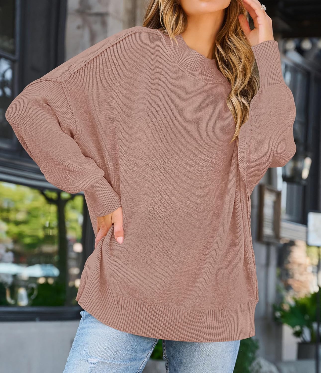 ZESICA Women's Fall 2026 Casual Long Sleeve Crew Neck Side Slit Oversized Ribbed Knit Pullover Sweater Tops - Image 4