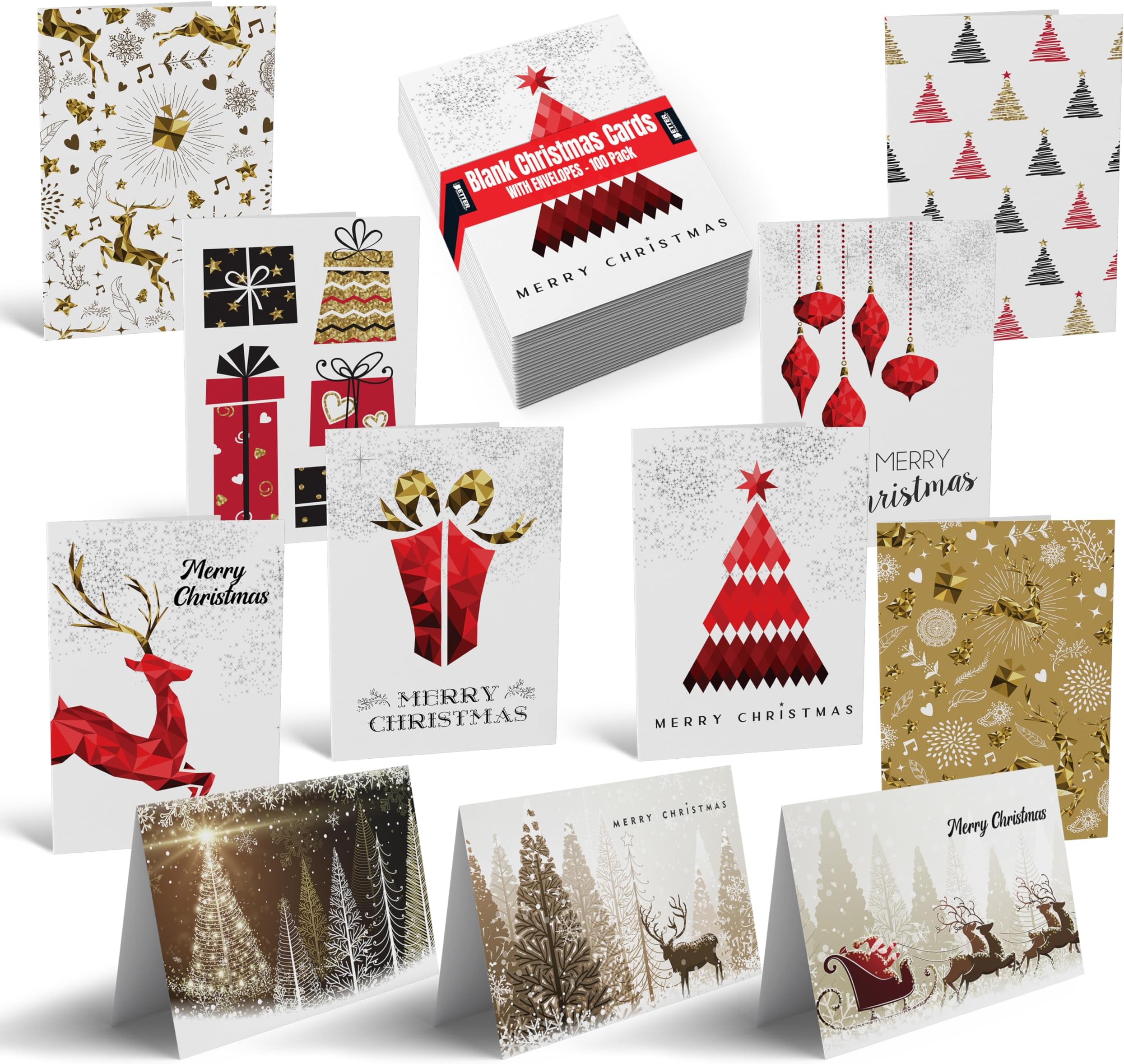 Better Office Products Christmas Holiday Greeting Cards with Gold and Metallic Foil, 100 Pack, 4 x 6 inch, 11 Assorted Designs with 3-D Prism Effect, Blank Inside, with Envelopes,100 Christmas Cards