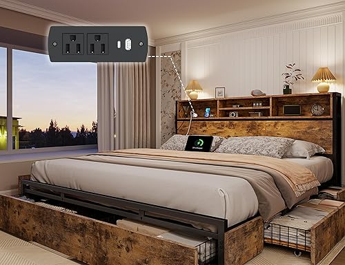 Miniatura 12 de EnHomee Base de cama Queen con 6 cajones de almacenamiento, marco de cama tamaño Queen con cabecera y estación de carga, sin ruido, no necesita