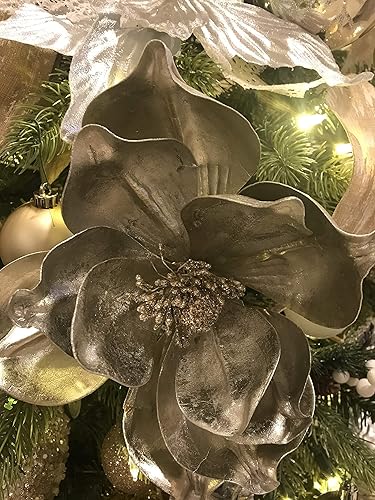 Miniatura 3 de Púas de tallos florales artificiales, púas en aerosol para árboles de Navidad, decoraciones de invierno (magnolia de eva metálica, plateado)