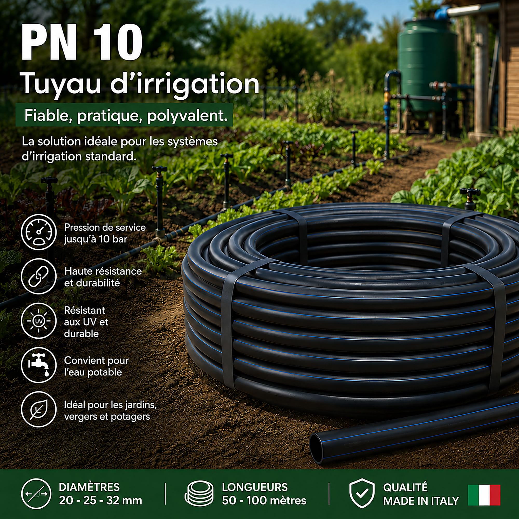 ESTO Tuyau d'irrigation 10 PN 50 ou 100 mètres diamètre 20, 25 ou 32, tuyau d'eau de jardin, polyéthylène haute densité, irrigation haute pression, jardin, tuyau d'arrosage (20 mm diamètre, 50 m)