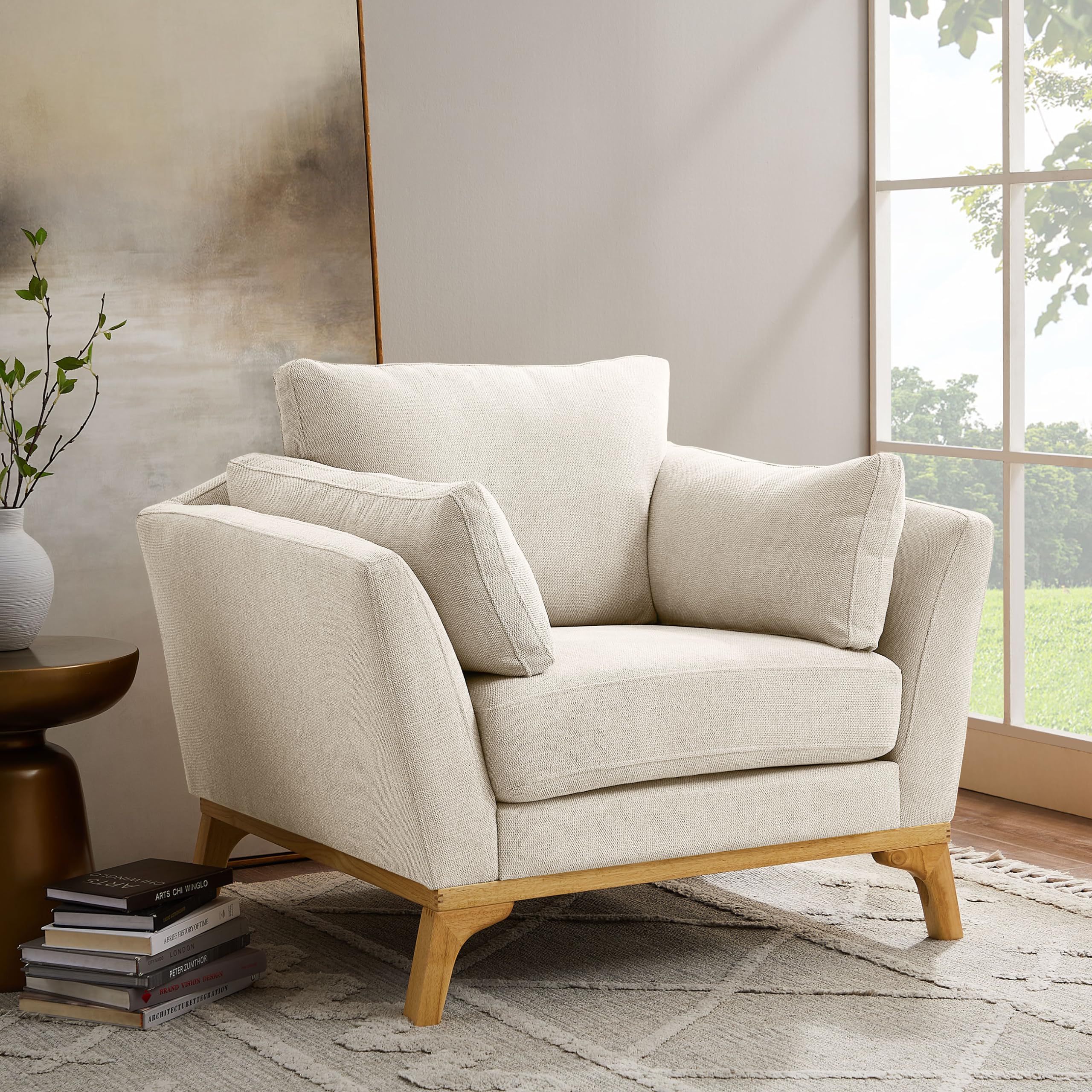 VANOMi Large-Sized Accent Chair, Thick Cushion Bedroom Reading Chair, Comfortable Living Room Single Sofa， Linen Gray