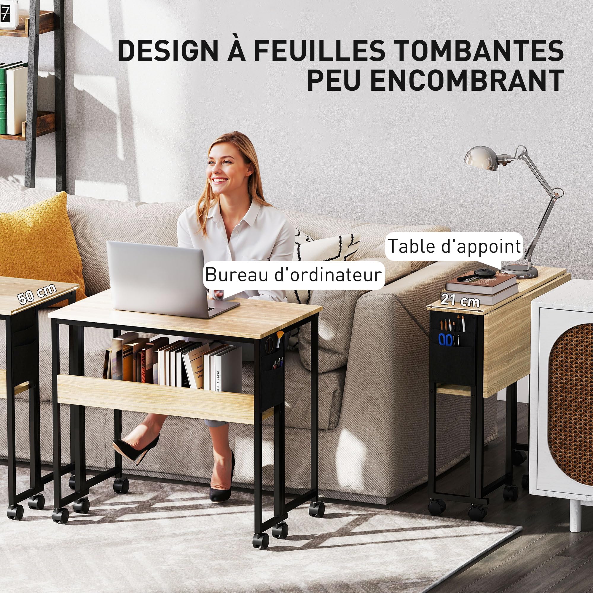 HOMCOM Escritorio plegable con ruedas, mesa de ordenador 80 x 50 cm con estante y bolsa de almacenamiento, mesa de estudio para oficina en casa, dormitorio, espacios pequeños, roble | Con estante y bolsa de almacenamiento, mesa de estudio, para oficina en