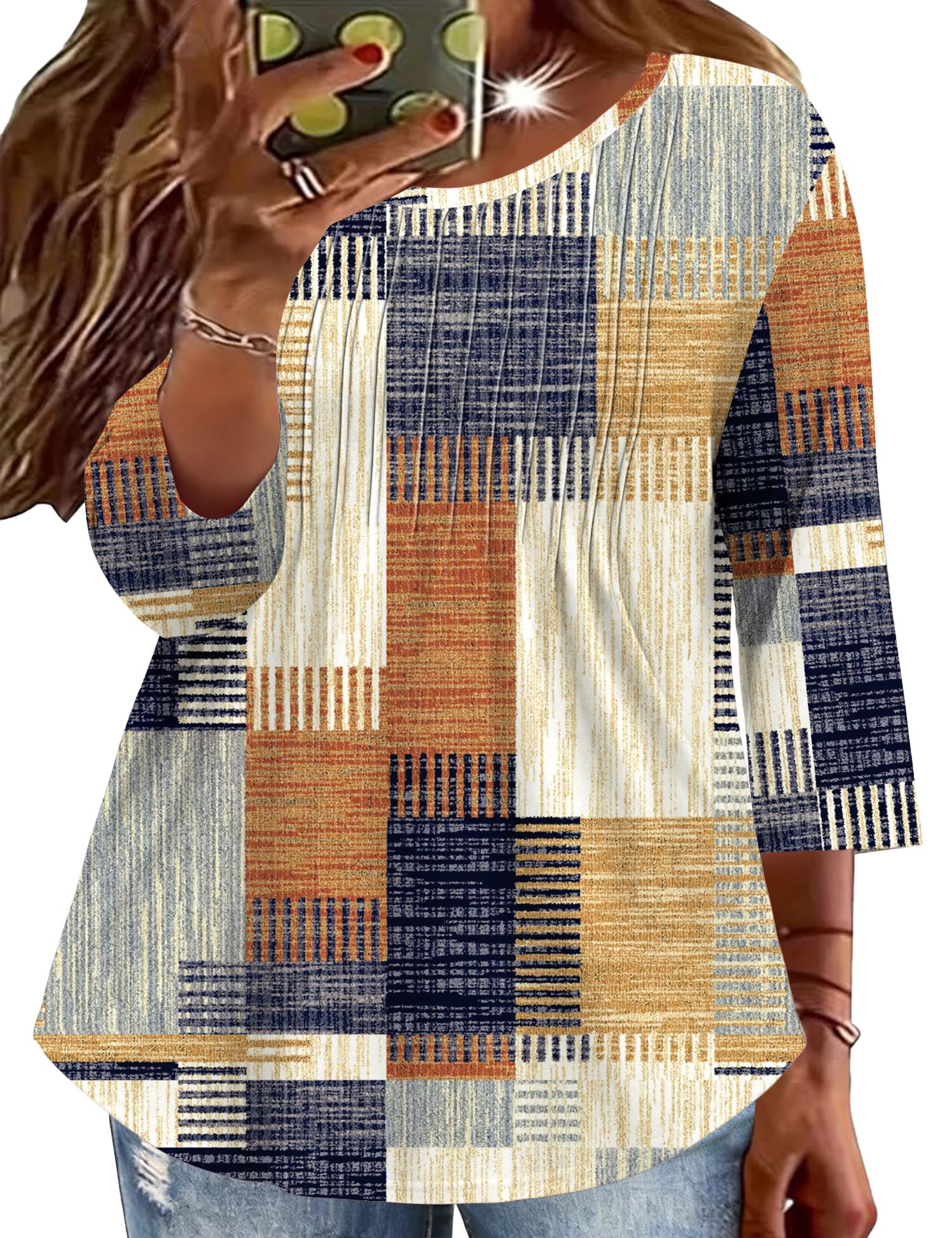 TFSDOD Blusa feminina plus size manga 3/4 de comprimento feminina, gola redonda, plissada, boho, túnica casual, GG-5X
