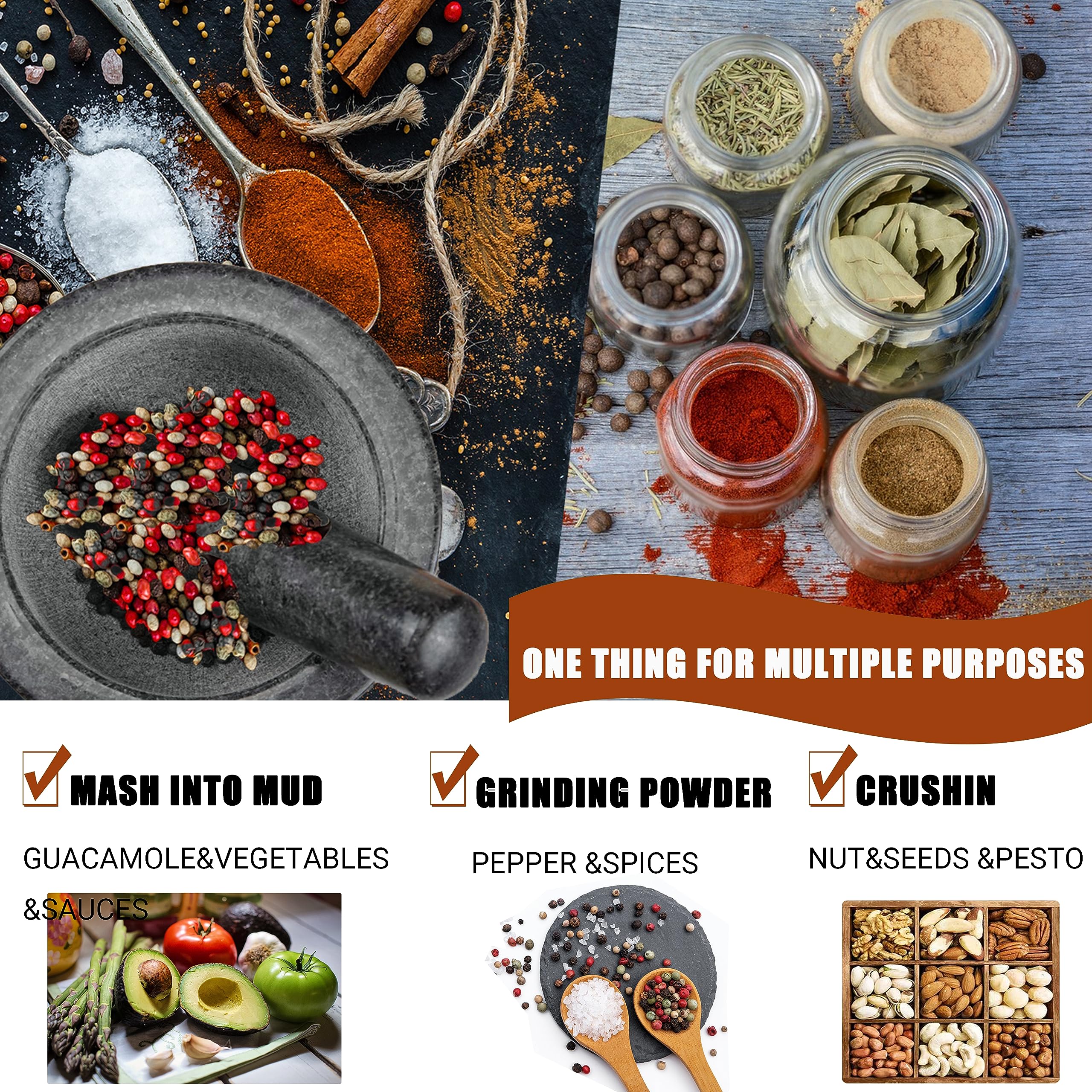 Juego de mortero y mortero con base de madera desmontable antiarañazos, granito natural, extra grande de 6 pulgadas, cuenco de piedra de mortero ideal para moler especias, chillis, pesto guacamole