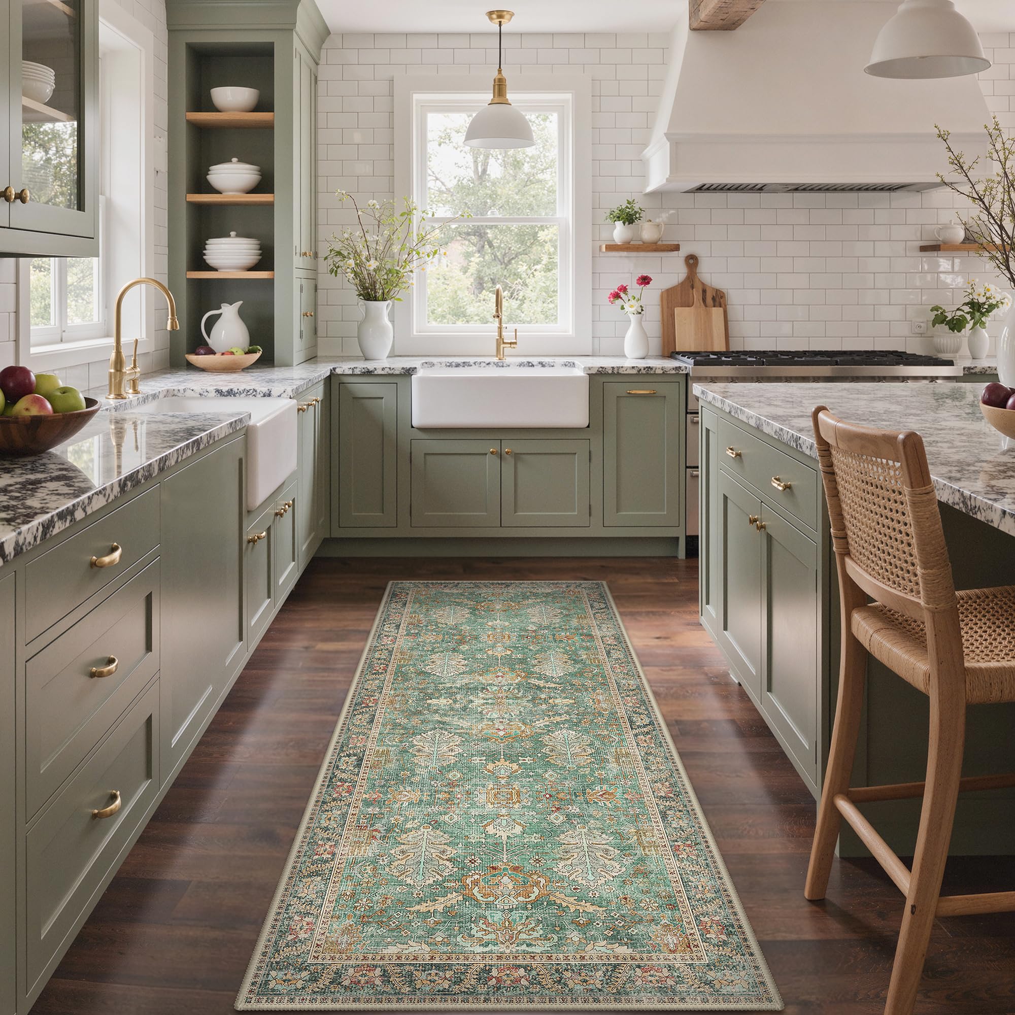 BEIMO Hallway Rugs for 80x200cm, Non-Slip Extra Long Washable Rug Soft Low Pile, Nursery Rug Boho Design Carpet Runners for Entryway Kitchen Laundry Room, Retro Floral Motifs Geometric, Emerald Green — image 1