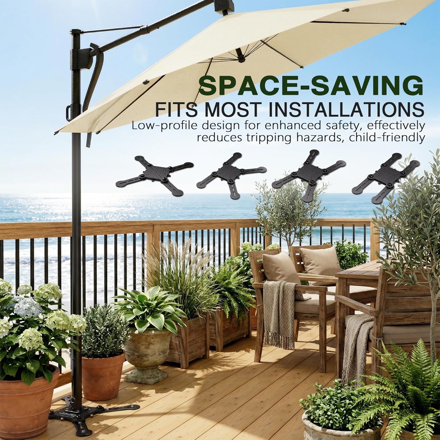 Offset Patio Cantilever Umbrella Base Heavy Duty Stainless Steel Umbrella Base Space Saving Deck Umbrella Mount
