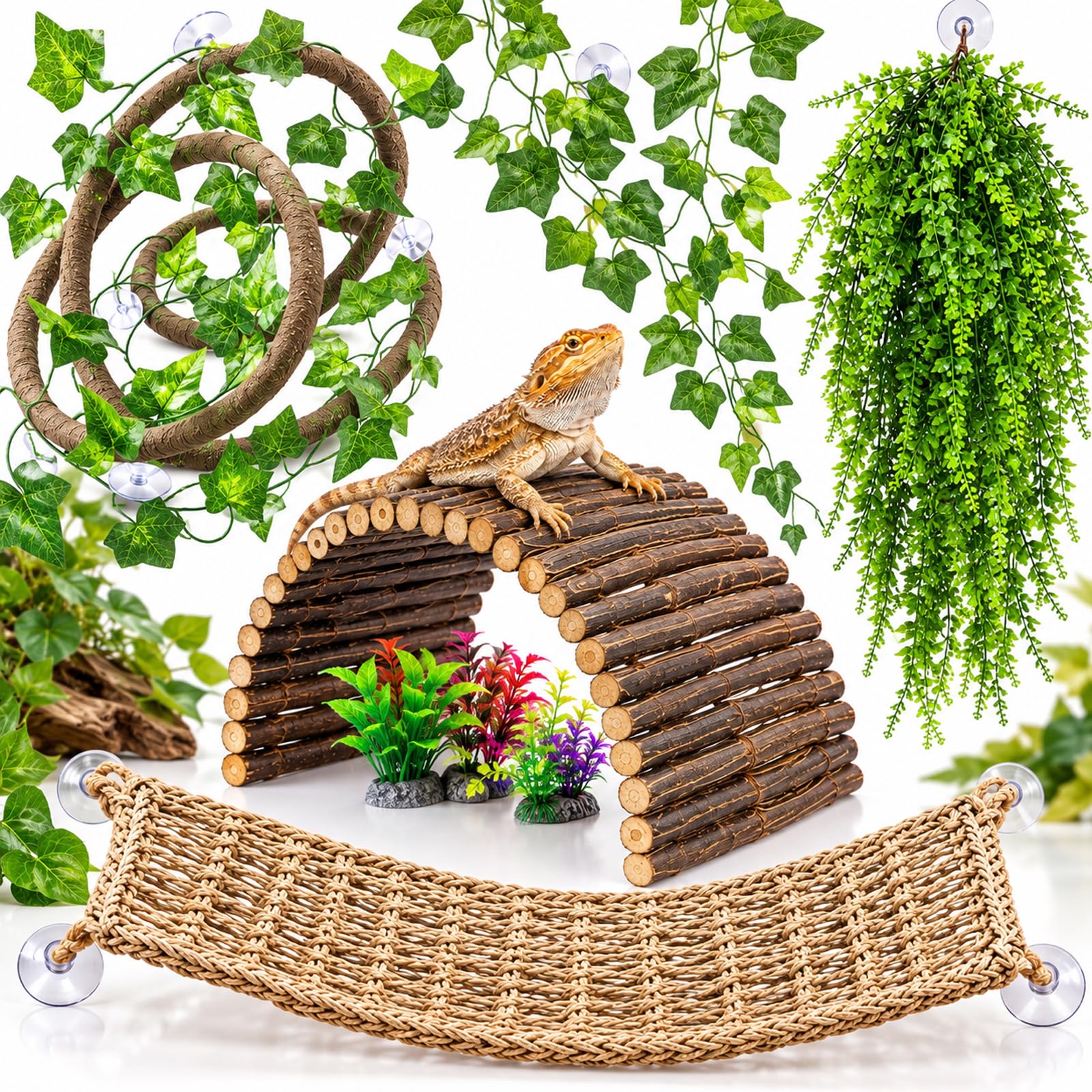 HERCOCCI Bearded Dragon Tank Accessories, 9Pcs Reptile Plants Vines Hammock Bridge Jungle Climber with Suction Cups Terrarium Habitat Décor for Snake Gecko Lizard Chameleon