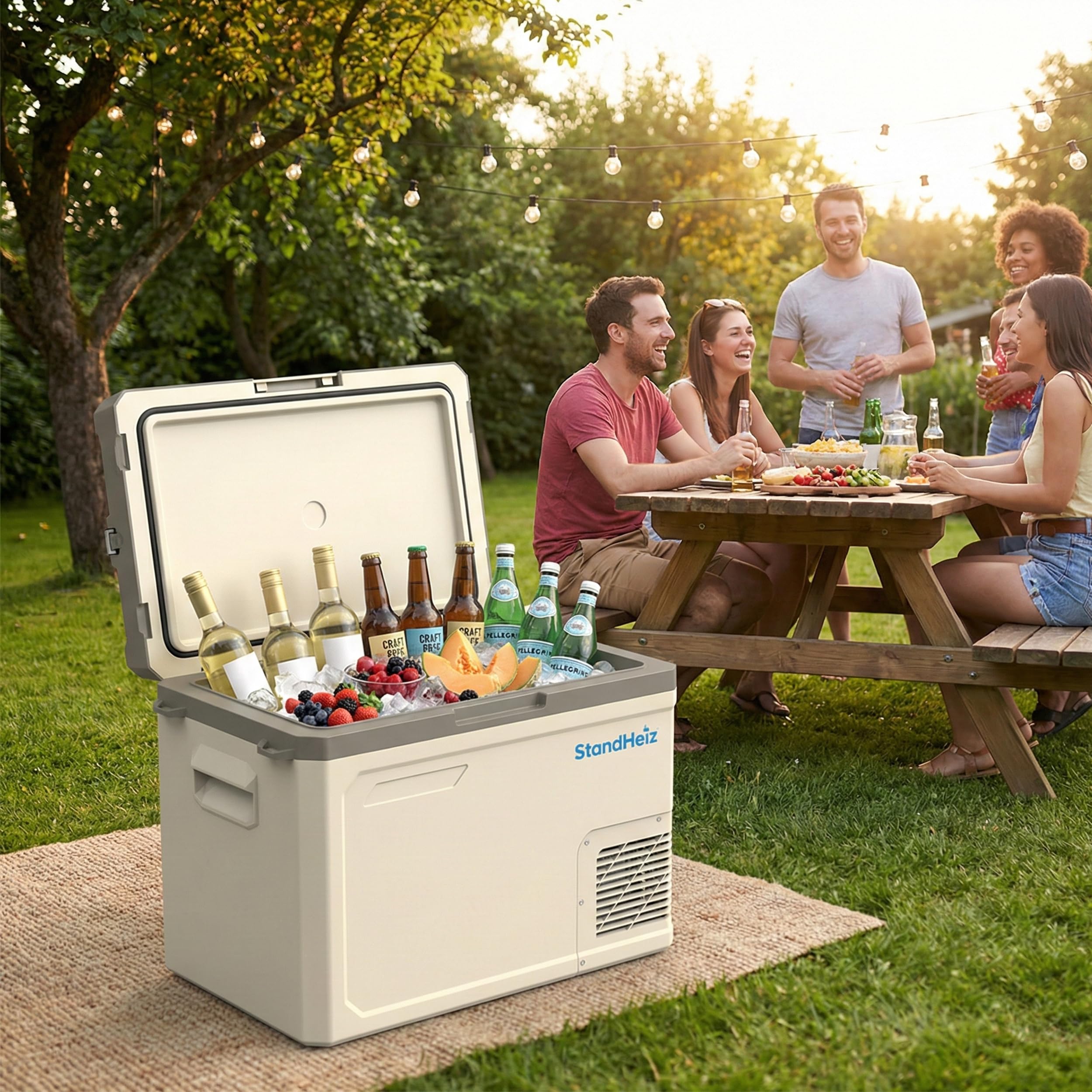 Kompressor Kühlbox 40L – Mini Kühlschrank mit App-Steuerung & ECO-Modus, 12V/24V/230V für Auto, Camping, Wohnmobil & LKW, Gefrierfunktion bis -20°C, Beige-Braun