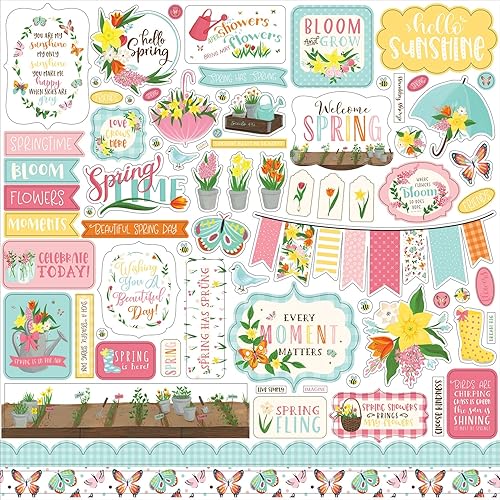 Echo Park Paper Company I Love Spring Element Papel adhesivo, rosa, verde azulado, amarillo, verde