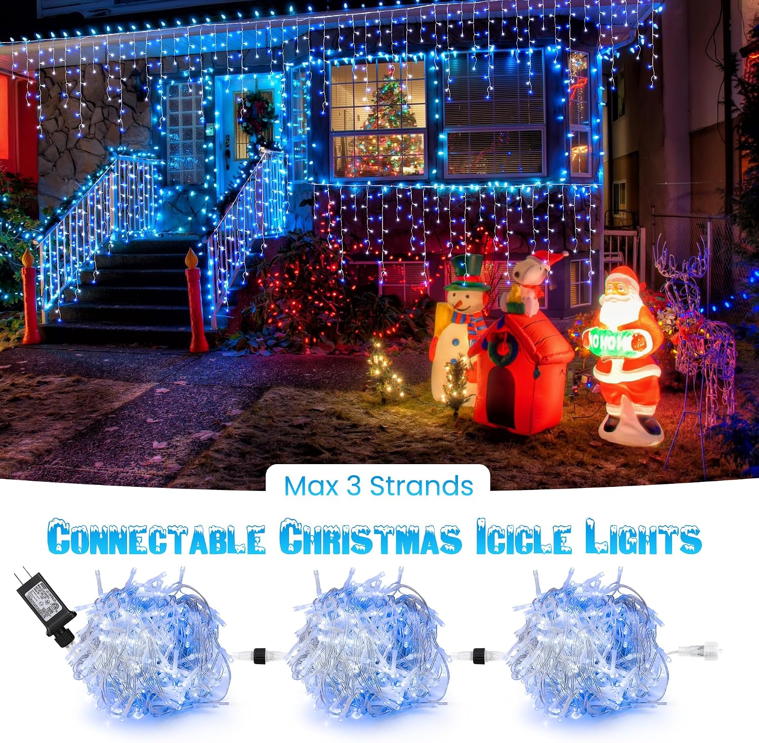 Toodour White & Blue Christmas Icicle Lights, 29.5ft 360 LED Icicle Lights, 8 Modes, 60 Drops, Window Curtain Led Christmas Light, Icicle Twinkle Light for Eaves, Party, Wedding, Xmas Decorations