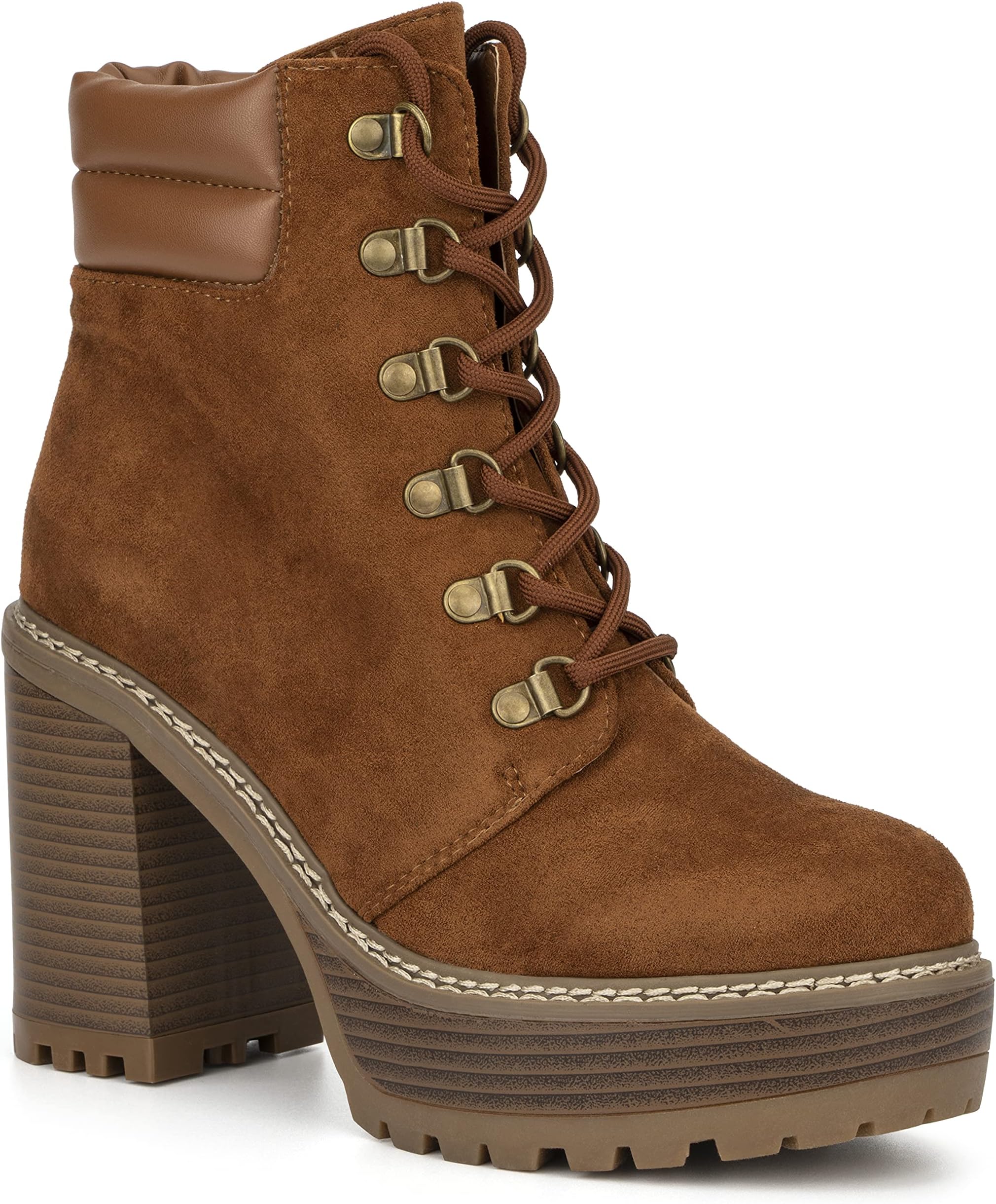 Olivia MillerWomen's Fashion Shoes, Faux Suede Lace Up Slip On Chunky High Heel Casual Bootie Round Toe Ankle Boots
