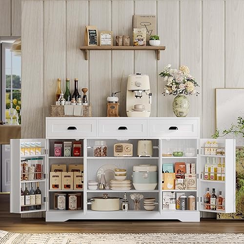 IRONCK Buffet Cabinet with Storage, Sideboards with 4 Doors, Kitchen Storage Cabinet with 6 Adjustable Shelves, Modern Coffee Bar with 3 Drawers, White