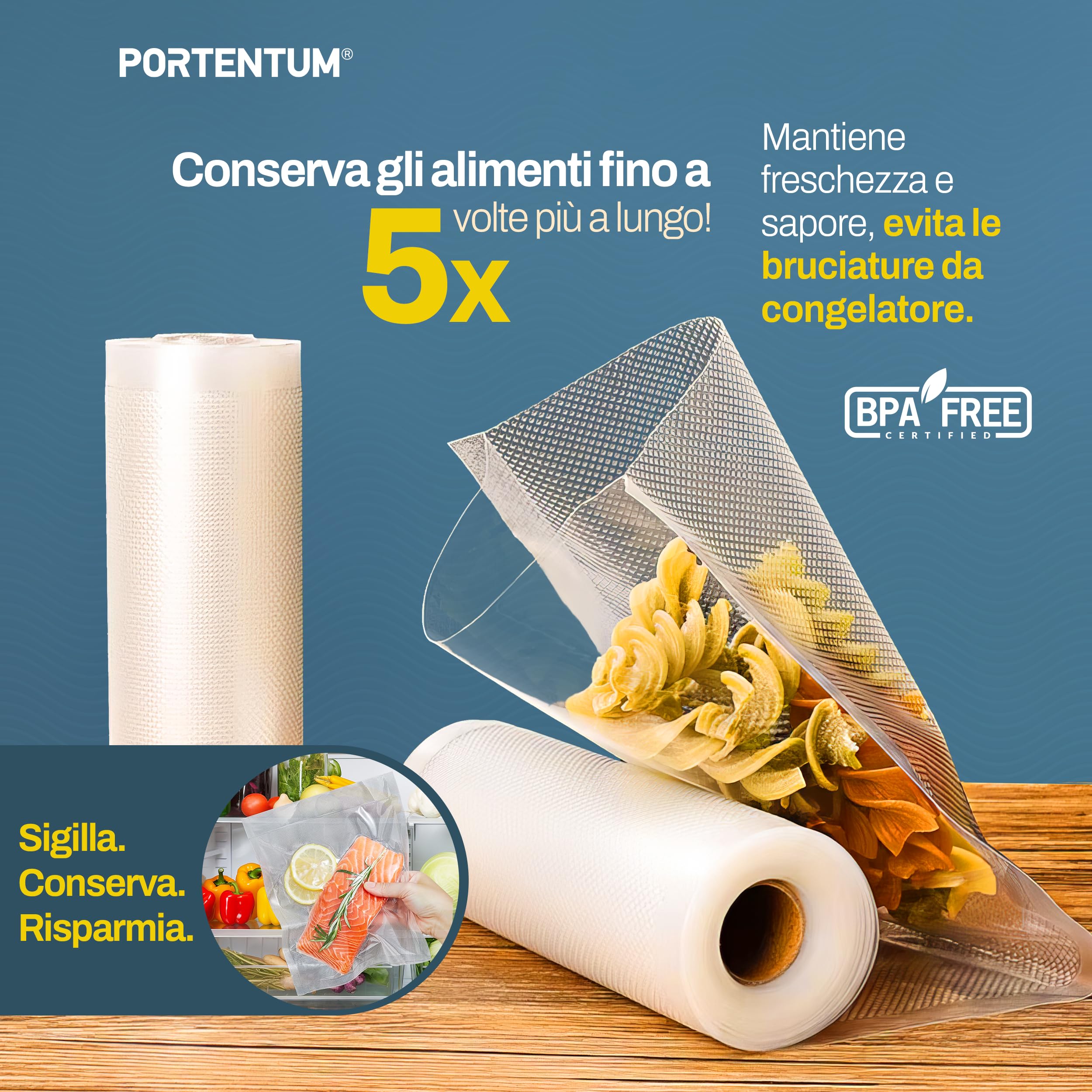 PORTENTUM Sacchetti Sottovuoto Alimneti, 3 rotoli 20 x 300 cm (totale 9 m) Sacchi commerciali per conservazione alimenti e cottura Sous Vide