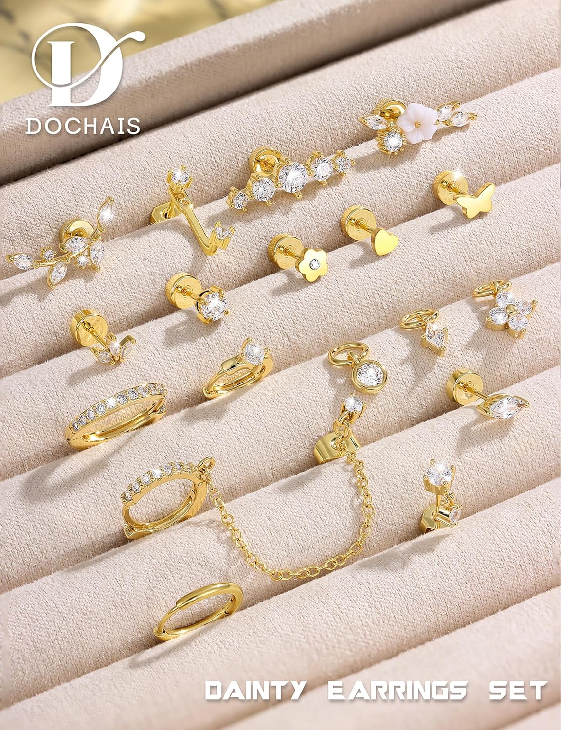 18 PCS Single Cartilage Studs Earrings Women Trendy 14k Gold Plated Flat Back Earings Stacks Dainty Small Pendant Dangle Huggie Hoops Earring Cubic Zirconia Flatback Stud Sets for Multiple Piercing - Image 6