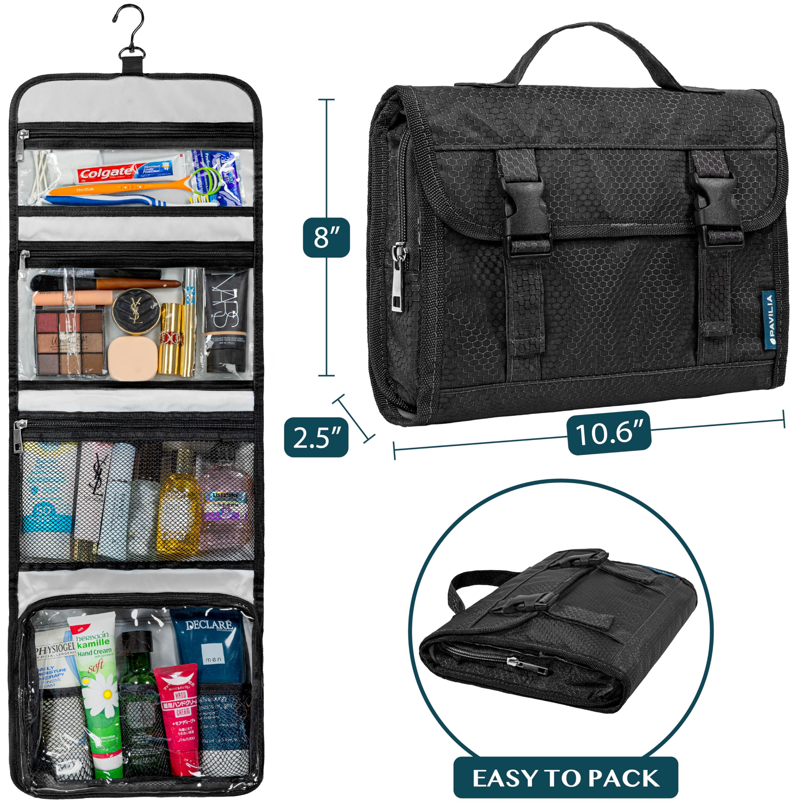 PAVILIA Reise-Kulturbeutel zum Aufhängen für Damen und Herren, großes Fassungsvermögen, Make-up-Tasche, wasserdicht, Kosmetik-Aufbewahrungskoffer für Badezimmer, Dusche, Schwarz