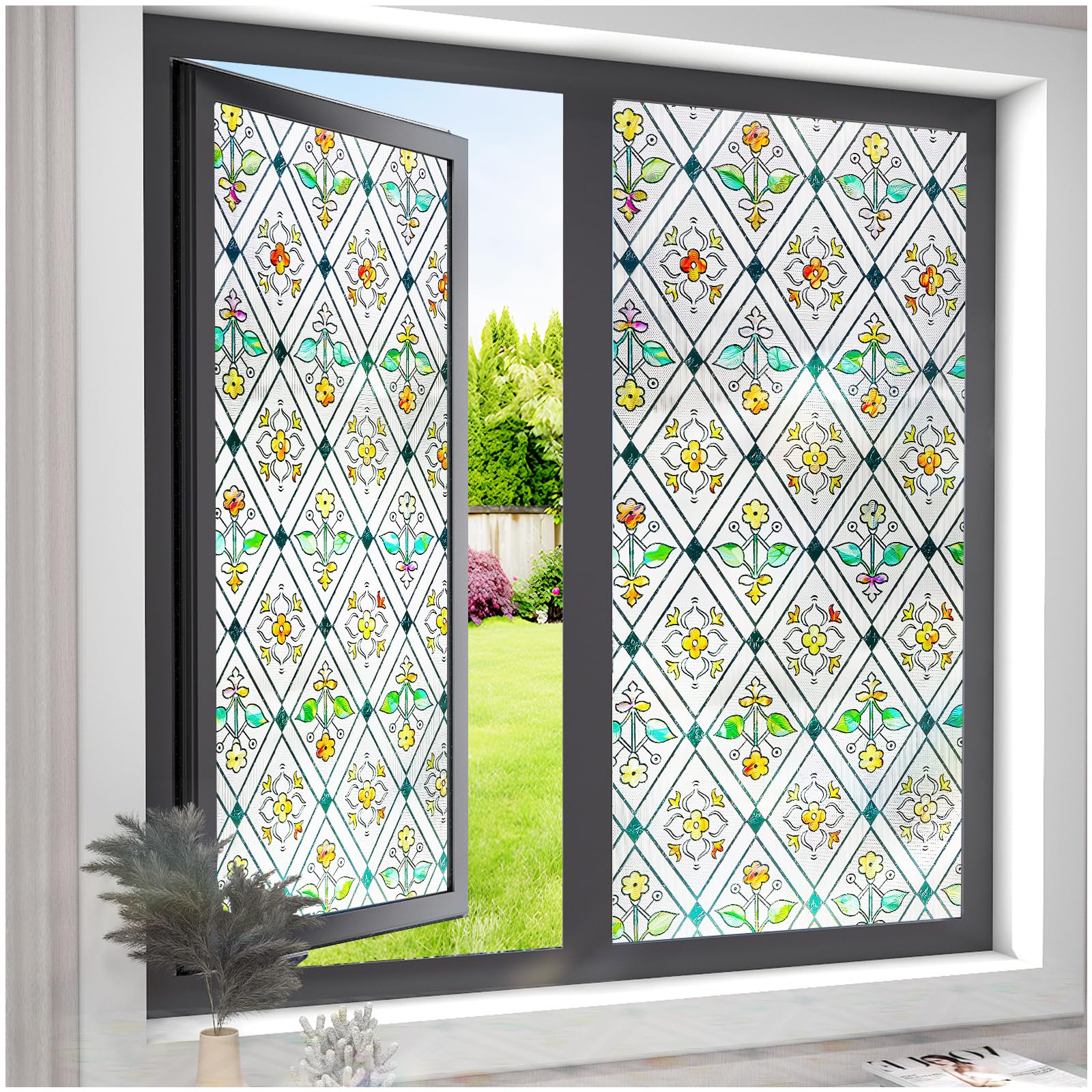 SUNBABY Stained Glass Window Film:301,3D Decorative Window Privacy Film, Window Decals,Non-Adhesive Heat Control Anti UV Vinyl Static Clings,35.4 x 78.7 Inches