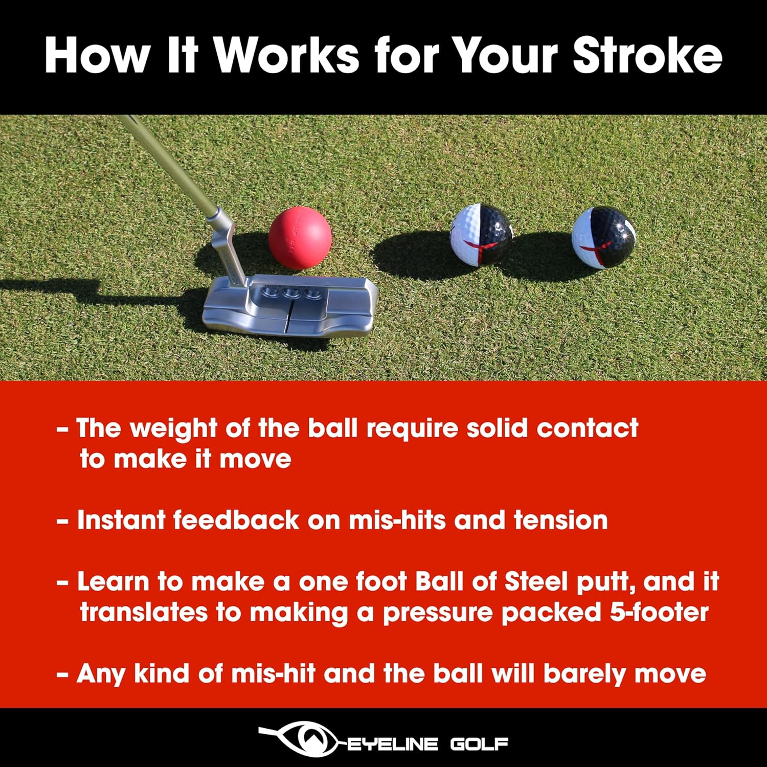 EyeLine Golf Weighted Ball of Steel, Silicon Padding, Instant Feedback, Perfect Stroke for Putter, 5X Weight of Standard Ball, Hitting The Sweet Spot, Consistent Improvement