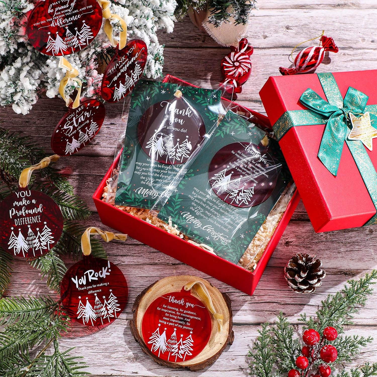 Suzile 50 Sets Red Acrylic Christmas Tree Ornaments - Team & Volunteer Thank You Gifts - Round Pendant Hanging Ornaments Bulk for Employees, Coworkers, Teachers, Nurses