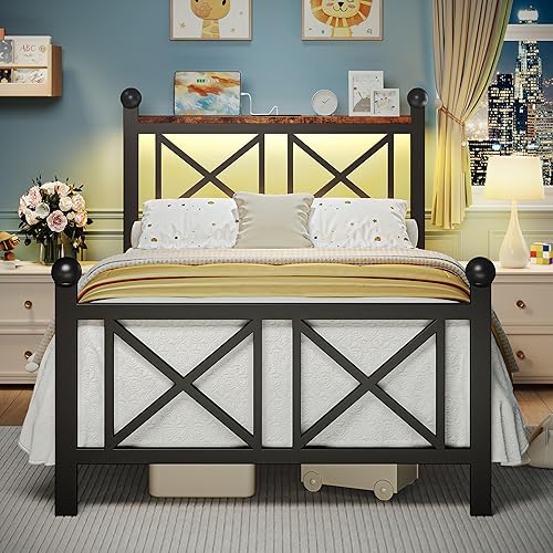 Miniatura 4 de Base de cama negra de tamaño individual con luces LED, cama de metal resistente con cabecera y piecero, estante de almacenamiento con estación de