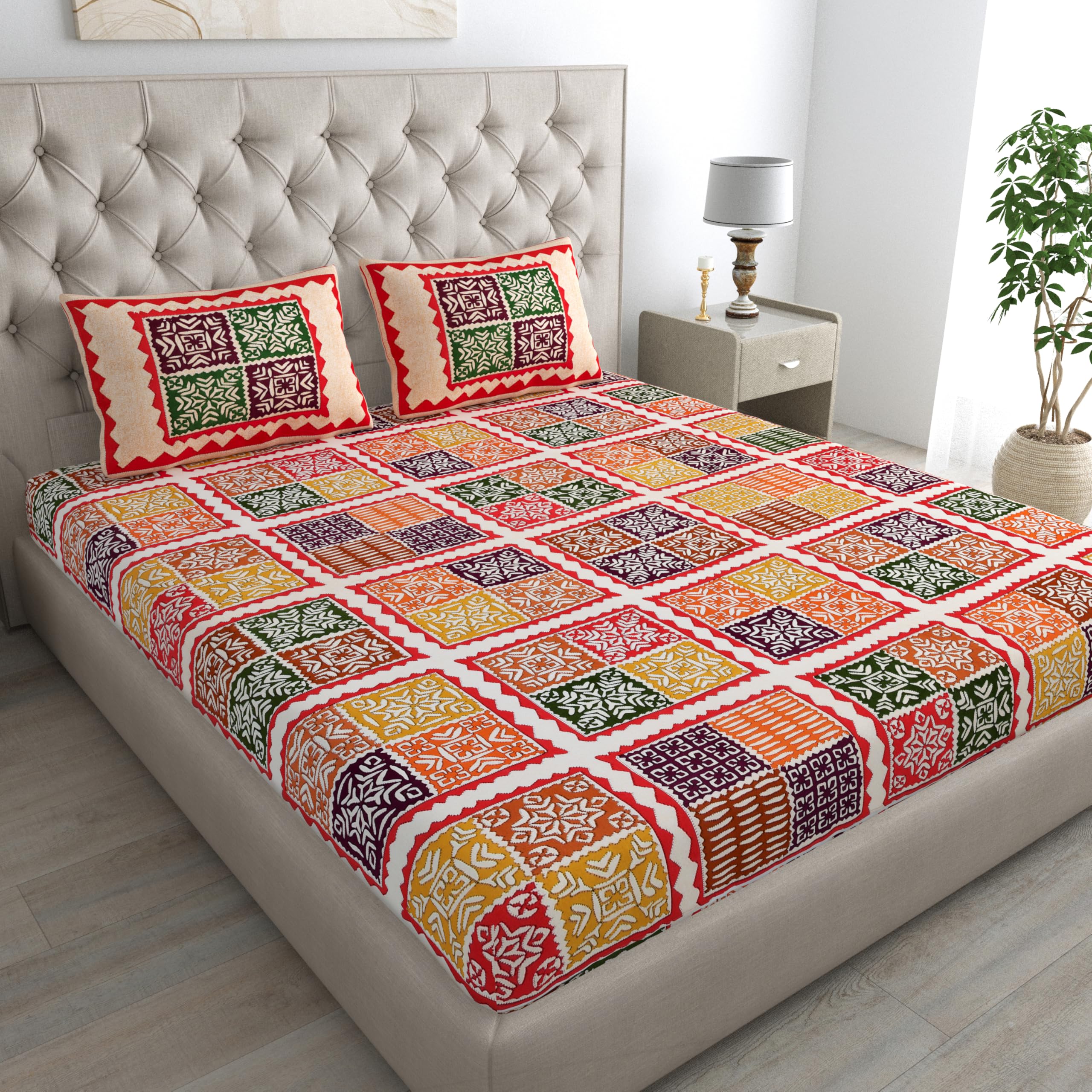 - 100% Cotton Bedsheet for Double Size Bed bedsheets Rajasthani Jaipuri Printed Double Size Bedsheet with 2 Pillow Cover Multicolor Geometric Print Traditional Patchwork Design (Red)