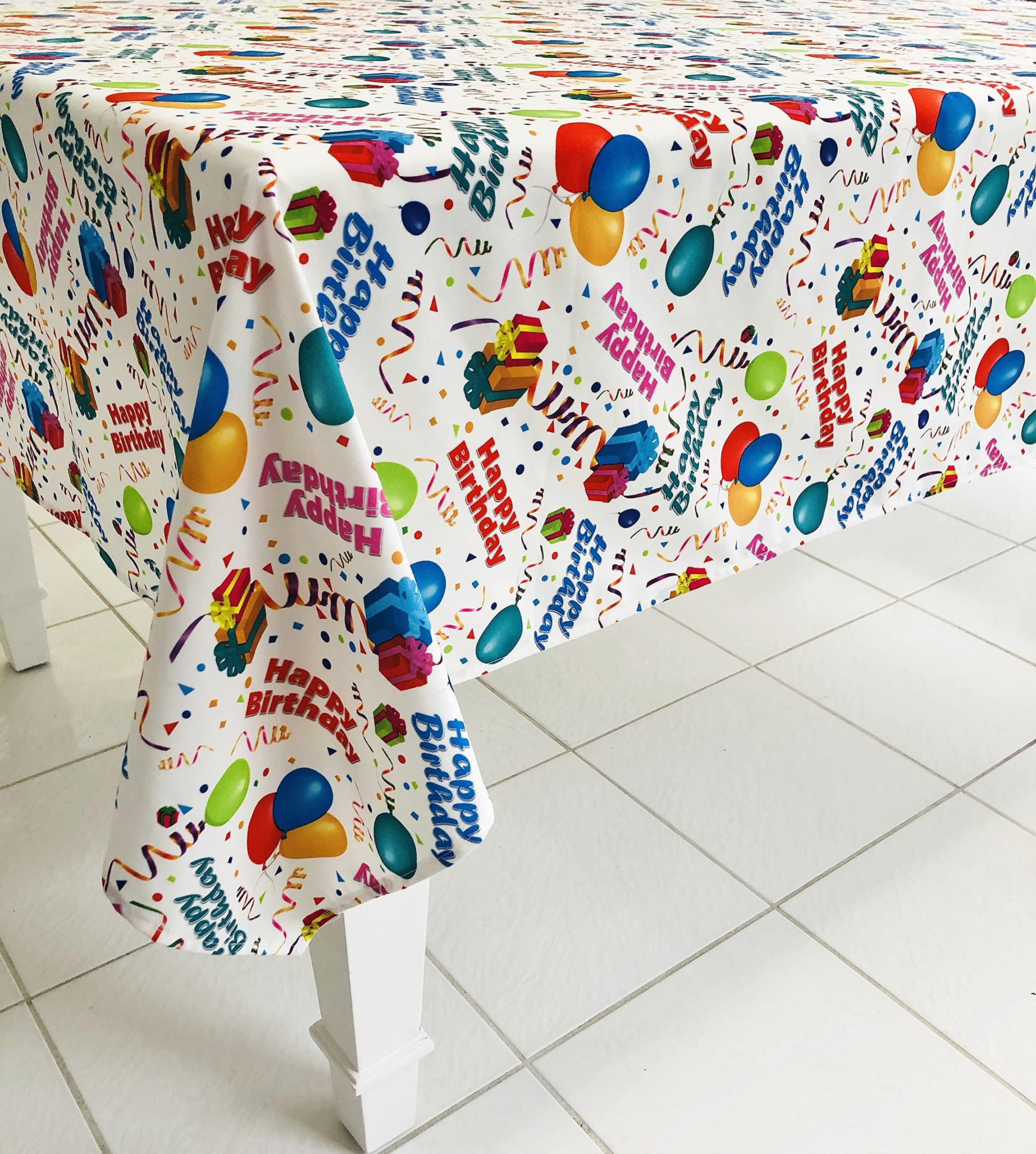 Celebration Tablecloths 70 X 70 Inch Happy Birthday Tablecloth White Restaurant Quality Fabric Machine Wash and Dry No Wrinkles No Iron No Stains Made in USA Birthday Party Supplies