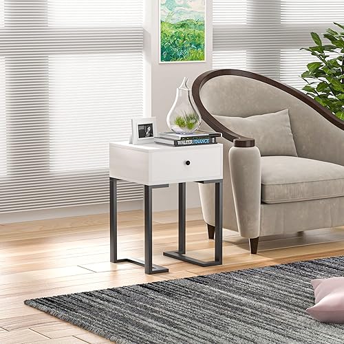 Miniatura 8 de VECELO Juego de 2 mesitas de noche modernas con extremo de cajón, mesa auxiliar para dormitorio, sala de estar, espacio pequeño, mesita de noche con