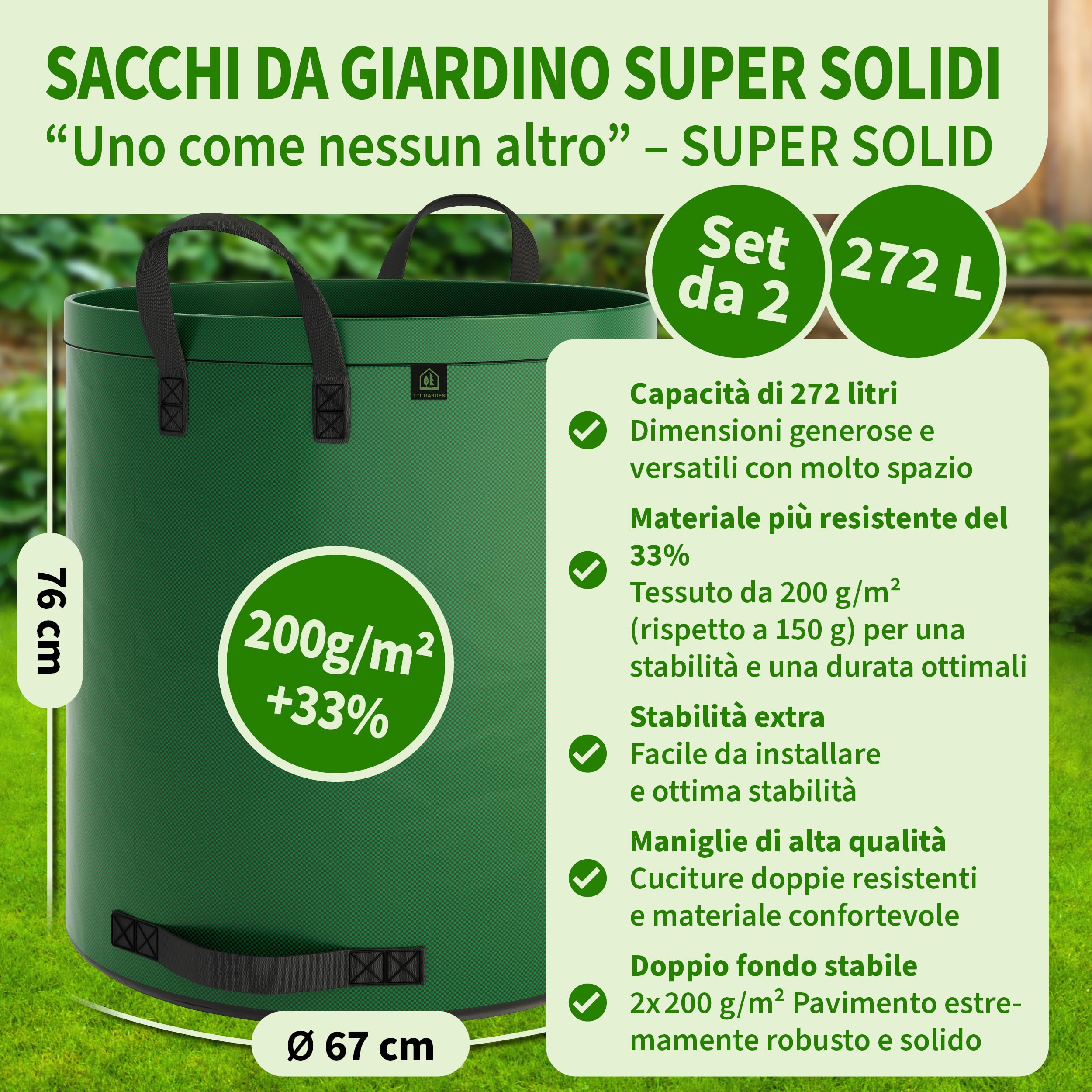 TTL Garden 2 sacchi da giardino Super Solid, 272 l, colore verde, doppio fondo, 2 x 200 g/m², extra stabili e antistrappo, 4 manici, grandi e robusti, set da 2 sacchi per foglie, siepe, rifiuti da