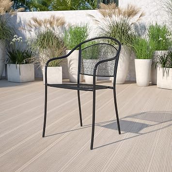 EMMA + OLIVER Commercial Grade Black Indoor-Outdoor Steel Patio Arm Chair with Round Back
