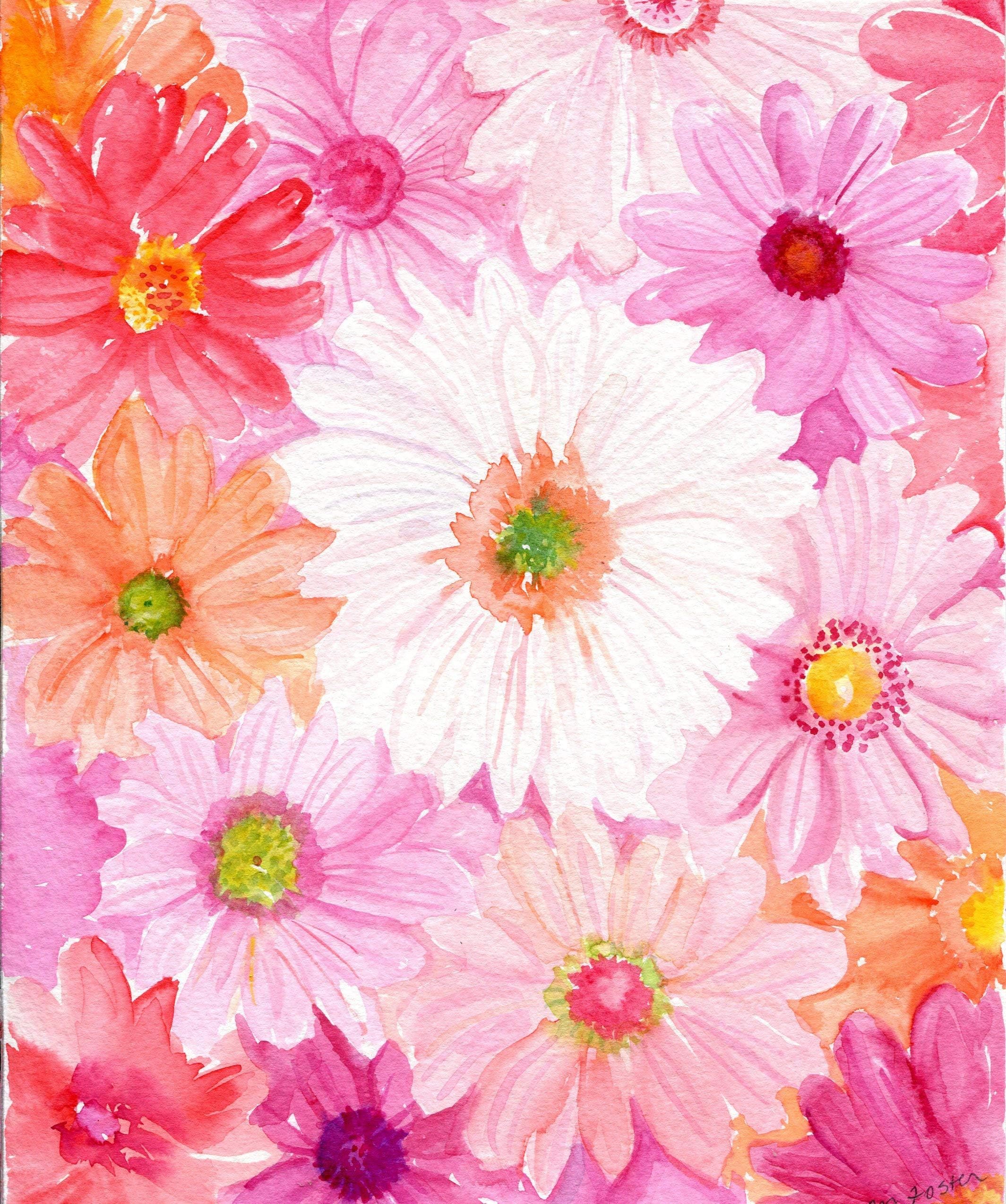 Gerbera Daisies Watercolor Painting PRINT of Pink, Coral, Cream Gerber Daisies 8 x 10