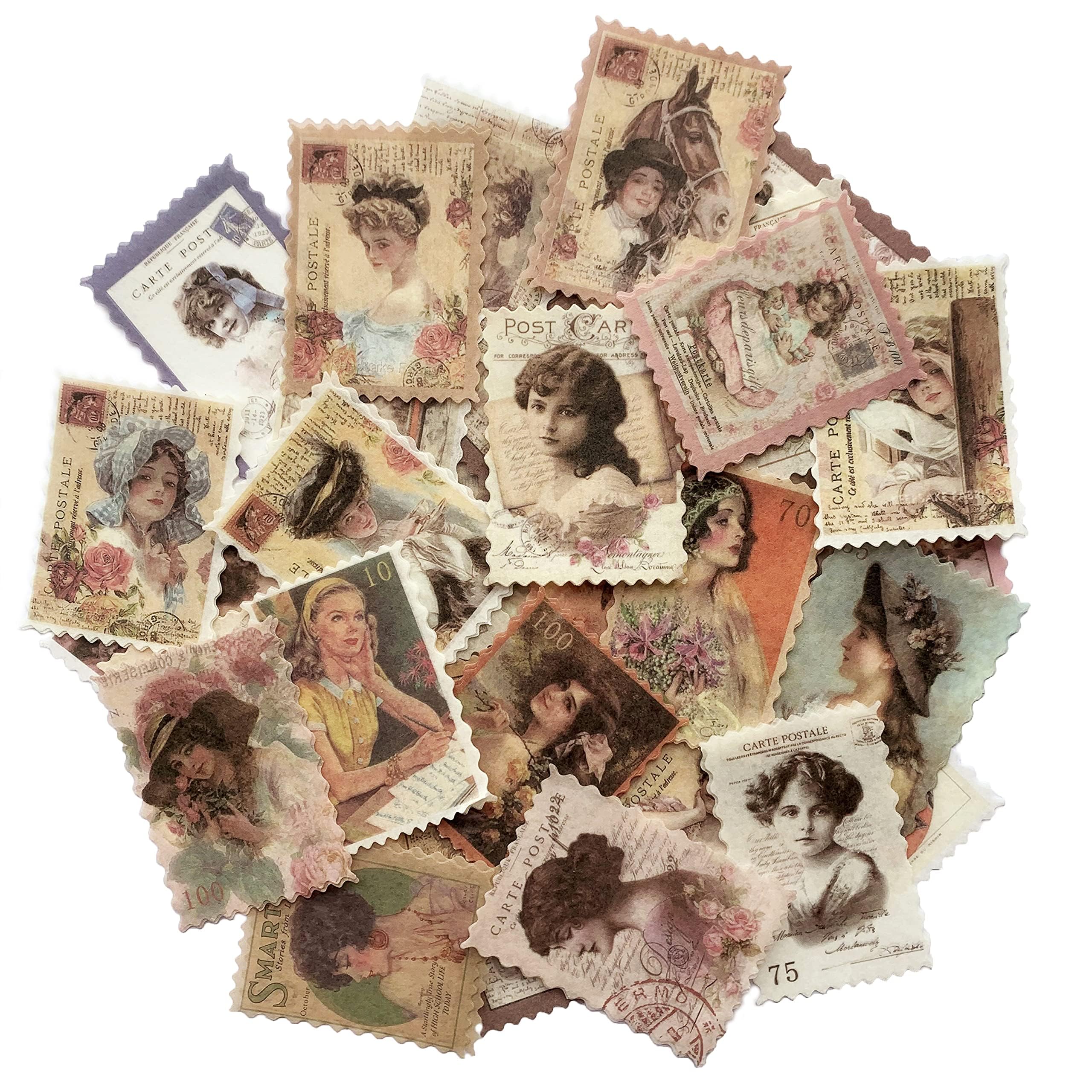 KASTWAVE Vintage Postage Stamp Stickers, Aesthetic Classical Beauty Deco Paper Sticker for Scrapbooking, Journaling Supplies, Planners, Kid DIY Art Crafts - 60Pcs