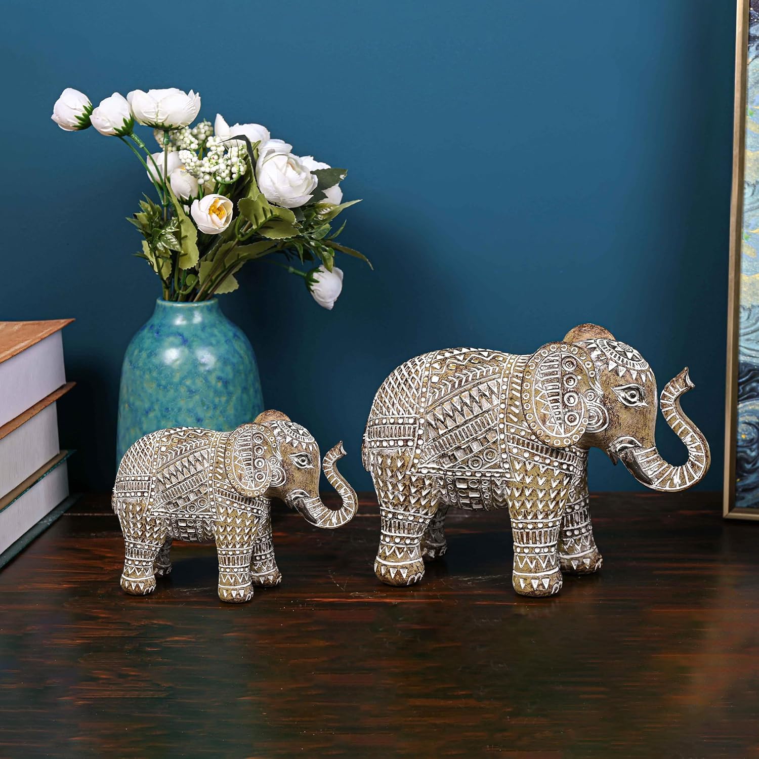 TERESA'S COLLECTIONS Boho Elephant Decor, Elephant Statues Brings Good Luck for Home Decor, Jumbo Figurines Resin for Bookshelf, Living Room, Centerpiece Home Decorations Gifts for Mom, 4.3"
