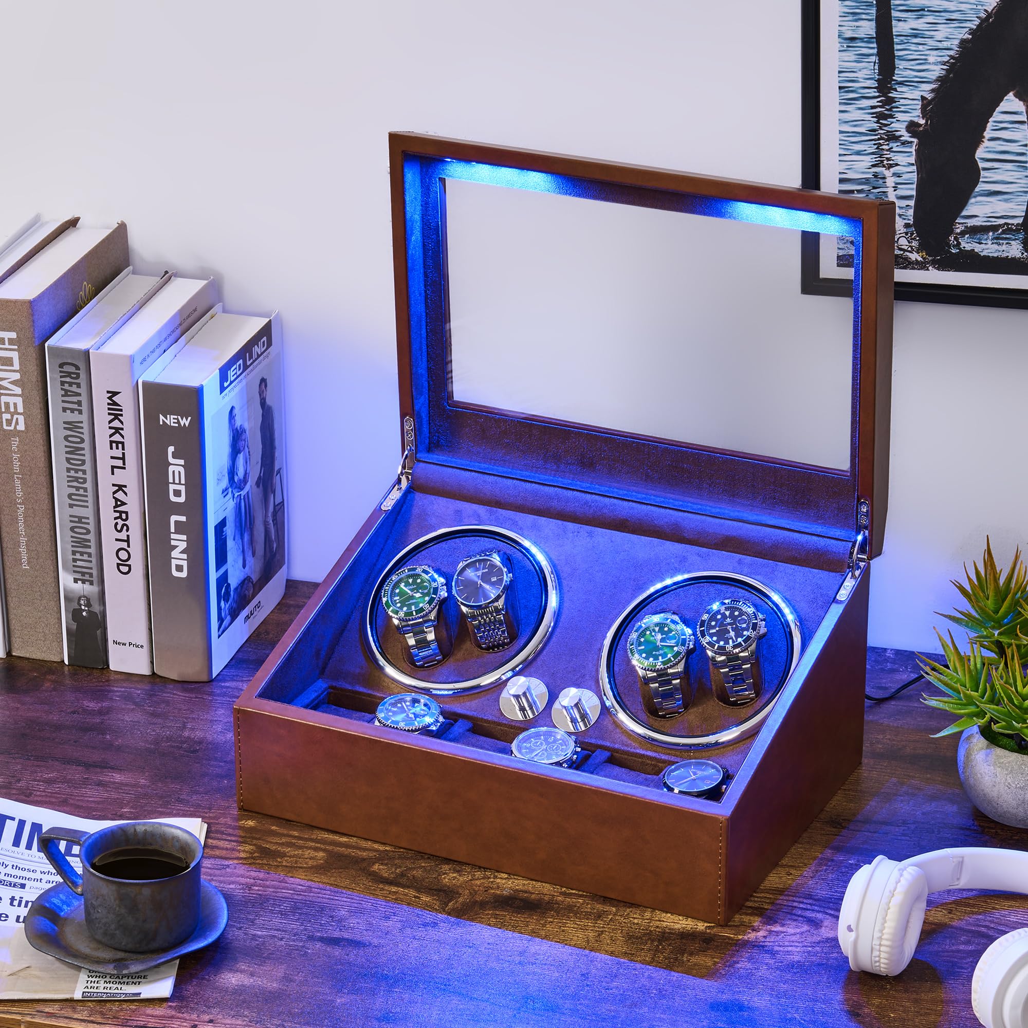 ANWBROAD Enrollador para Relojes Automáticos Caja Giratoria Automática con 4+6 Compartimentos para Relojes y Joyas Silencioso Watch Winder con LED & Motor Mabuchi & 4 Modos JWW002Z