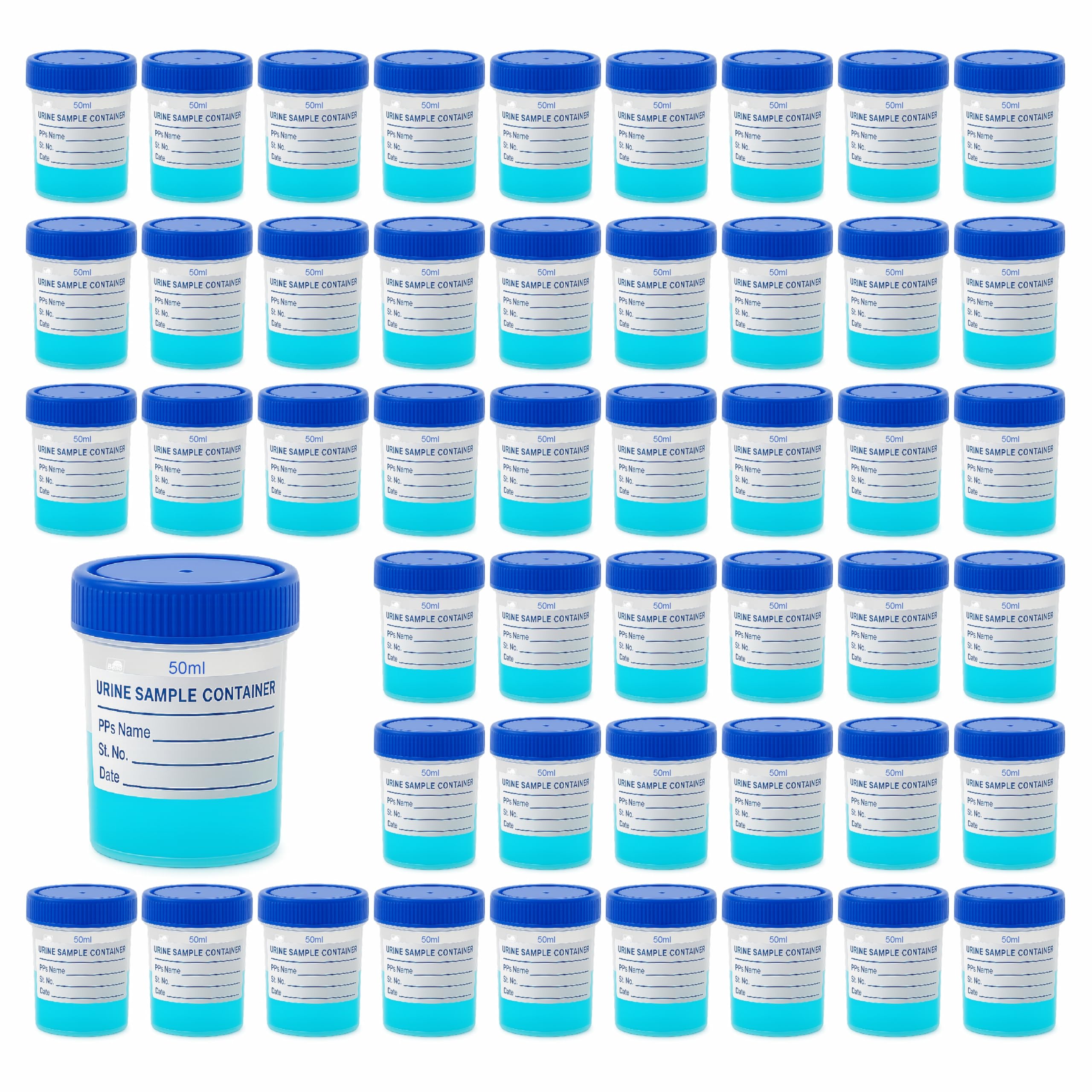 Bello Urine Sample 100pcs Sterile Container 50ml with Lid Disposable Specimen Cups Plastic Sterile Urine Cups with ID Label for Lab Testing Safe Pee Stool Supplies