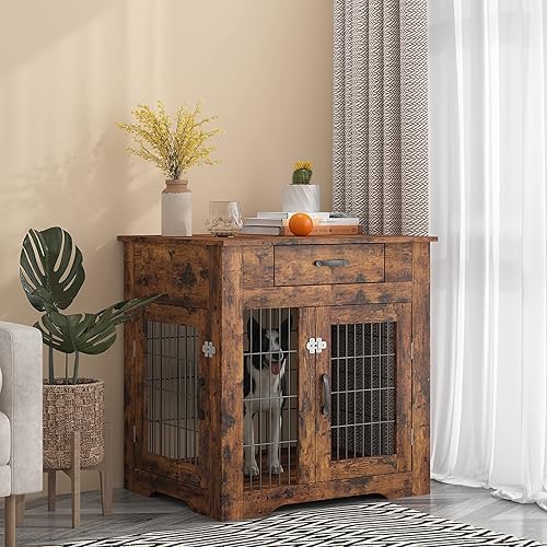 RITSU Mesa auxiliar estilo mueble de 29.92 pulgadas con cajón, perreras para mascotas, casa para perros, uso en interiores, moderna perrera de