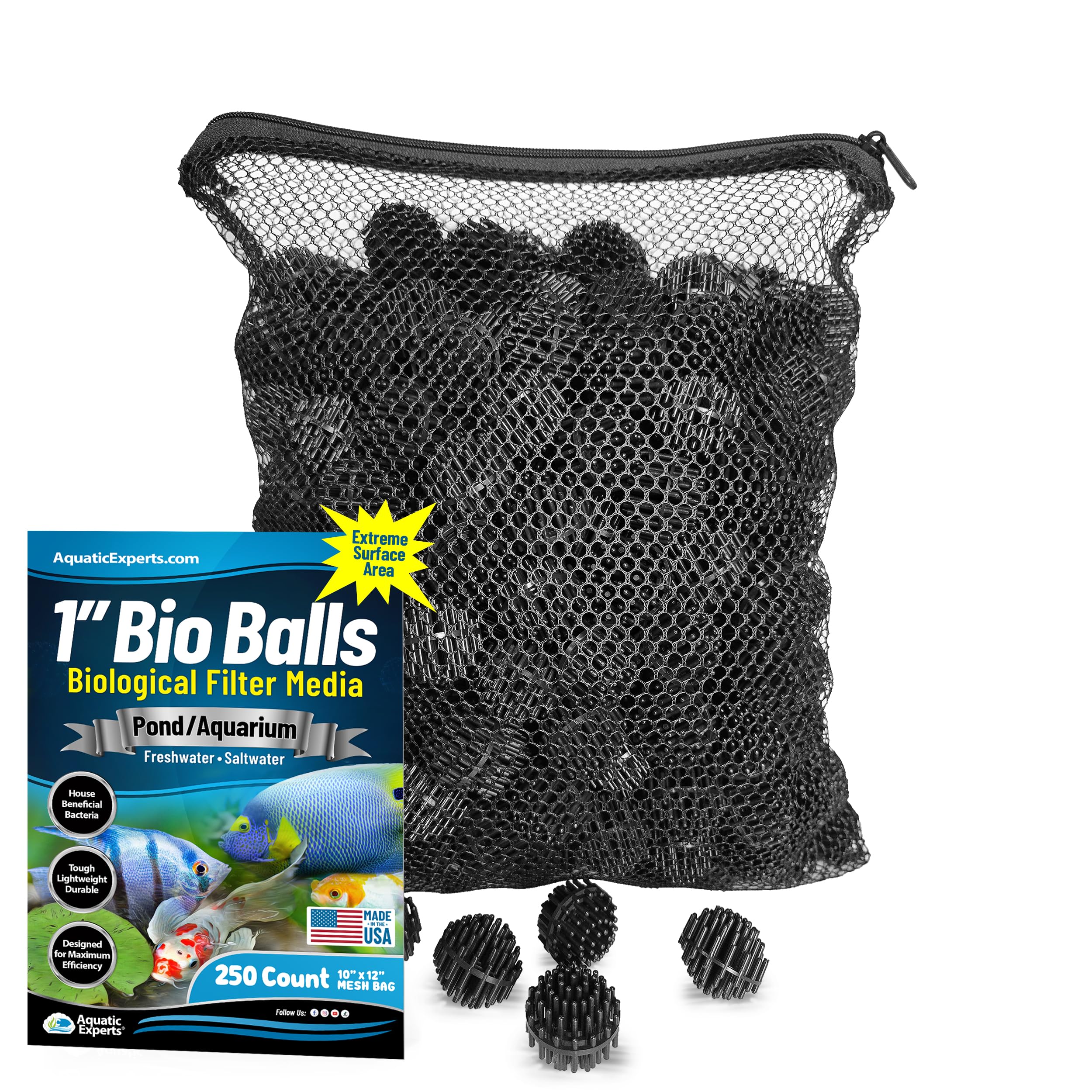 Aquatic Experts 1" Small Bio Balls for Aquariums & Small Ponds – Biological Filter Media for Canister Filters, Sumps & Wet/Dry Systems, Made in USA (250 Count + 10" x 12" Mesh Bag)