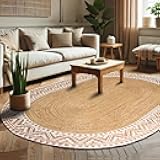 voyzz home Premium Quality Jute Braided Area Rug, 5x8 Oval Rugs, White Printed Border, Stain Resistance, Natural Handmade Rug for Entryways, Living Room, Dining Room, Bedroom, Office, Farmhouse