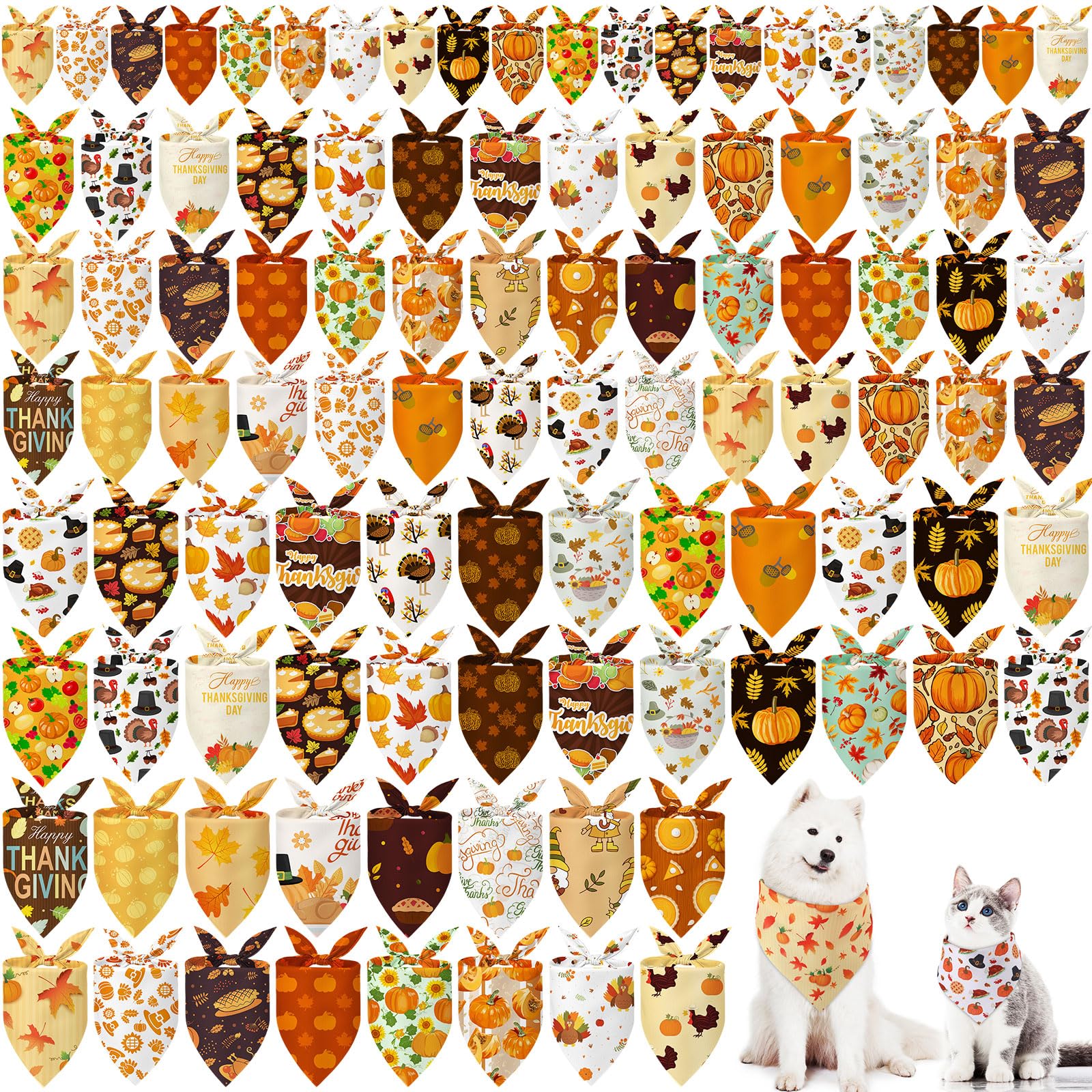 100 Pcs Thanksgiving Fall Dog Bandanas Bulk 3 Sizes Dog Washable Bandana Adjustable Washable Autumn Scarf for Thanksgiving