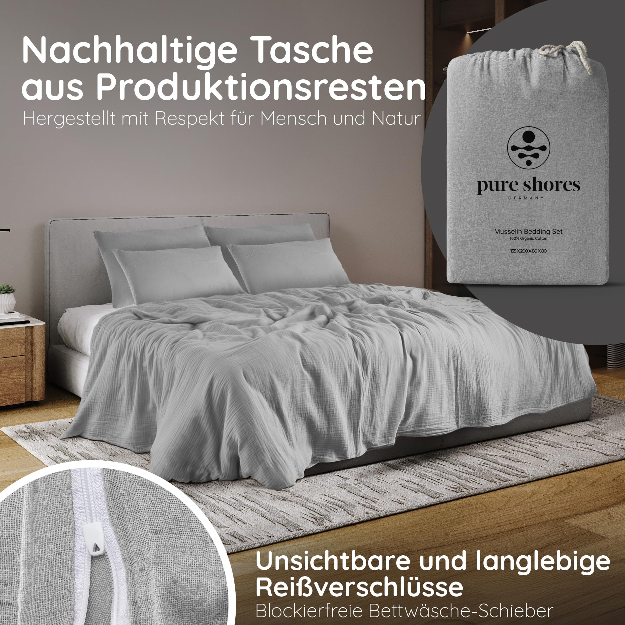pure shores - Musselin Bettwäsche 135x200 | Bettwäsche 135x200 Baumwolle | Bettwäsche-Sets | 100% Baumwolle mit OEKOTEX | Reißverschluss | Bettwaren | Bedding Set | 1 Kissen | Hellgrau