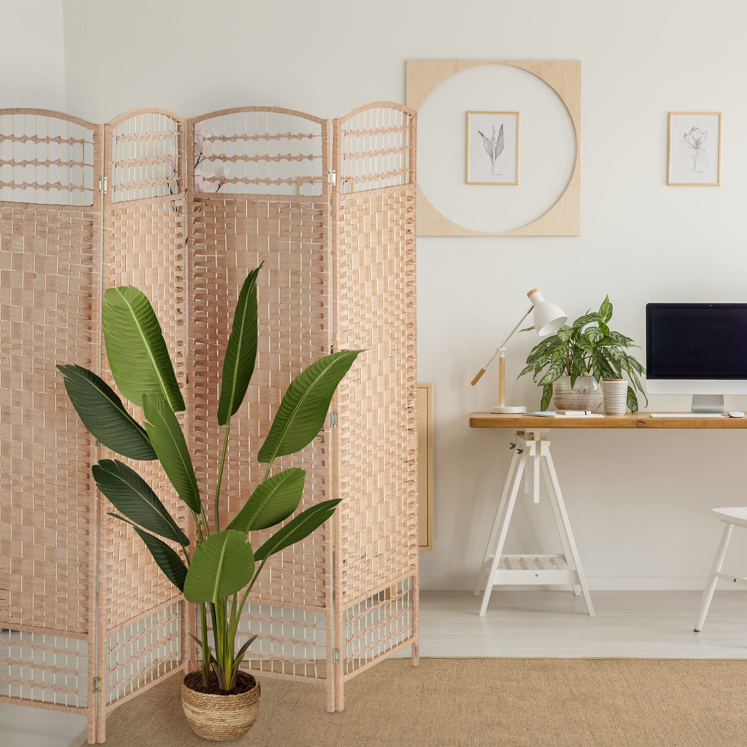 Relaxdays Biombo, 4 Paneles, Separador Ambientes Plegable, 180x180 cm, Interiores, Cuerda Papel, Puntales Bambú, Natural