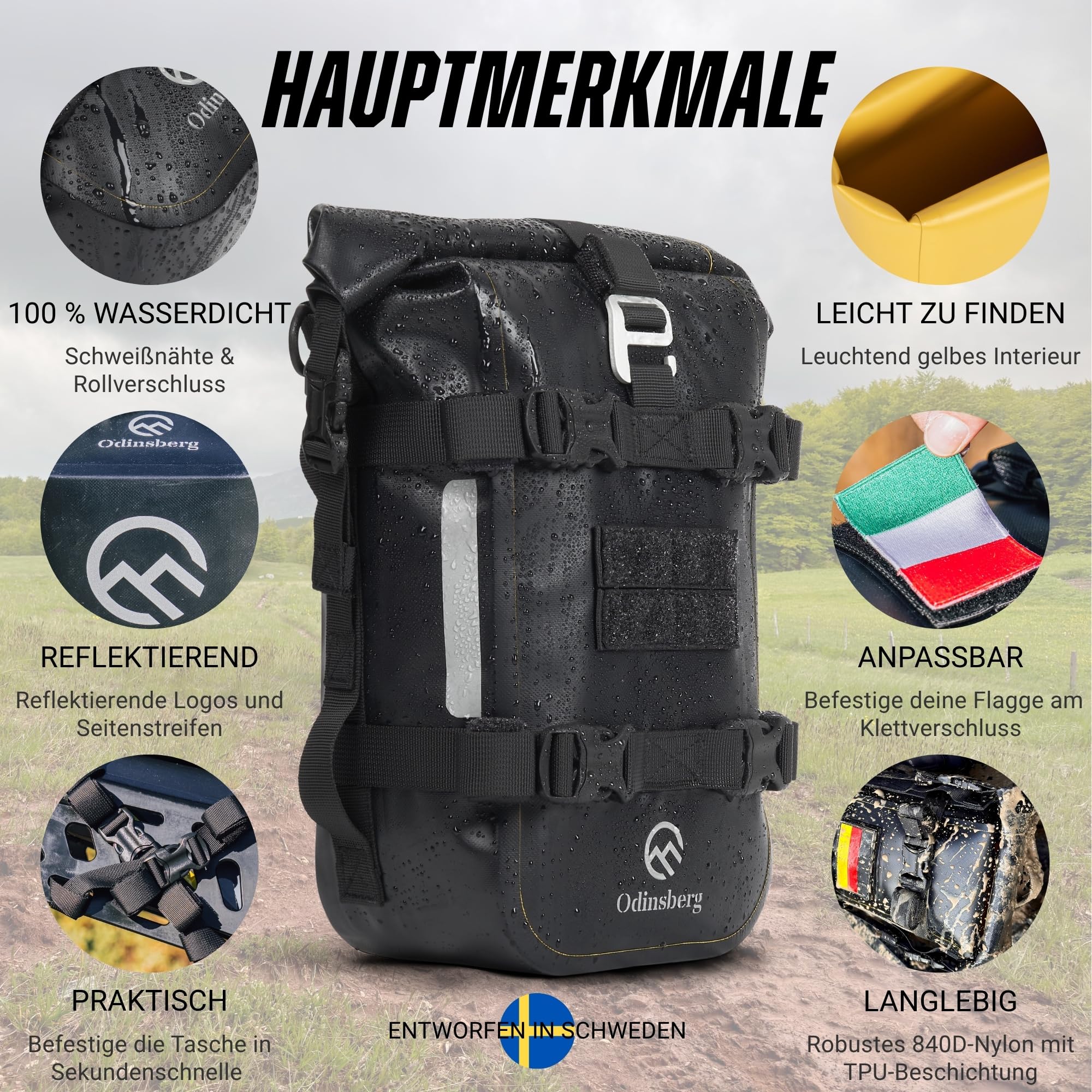 Odinsberg 7L Wasserdicht Hecktasche Motorrad | Sturzbügeltasche, Satteltasche, Sissybar Tasche, Seitentasche & Gepäcktasche | Kleine Motorradtasche für Enduro, Touring, Reise & Alltag