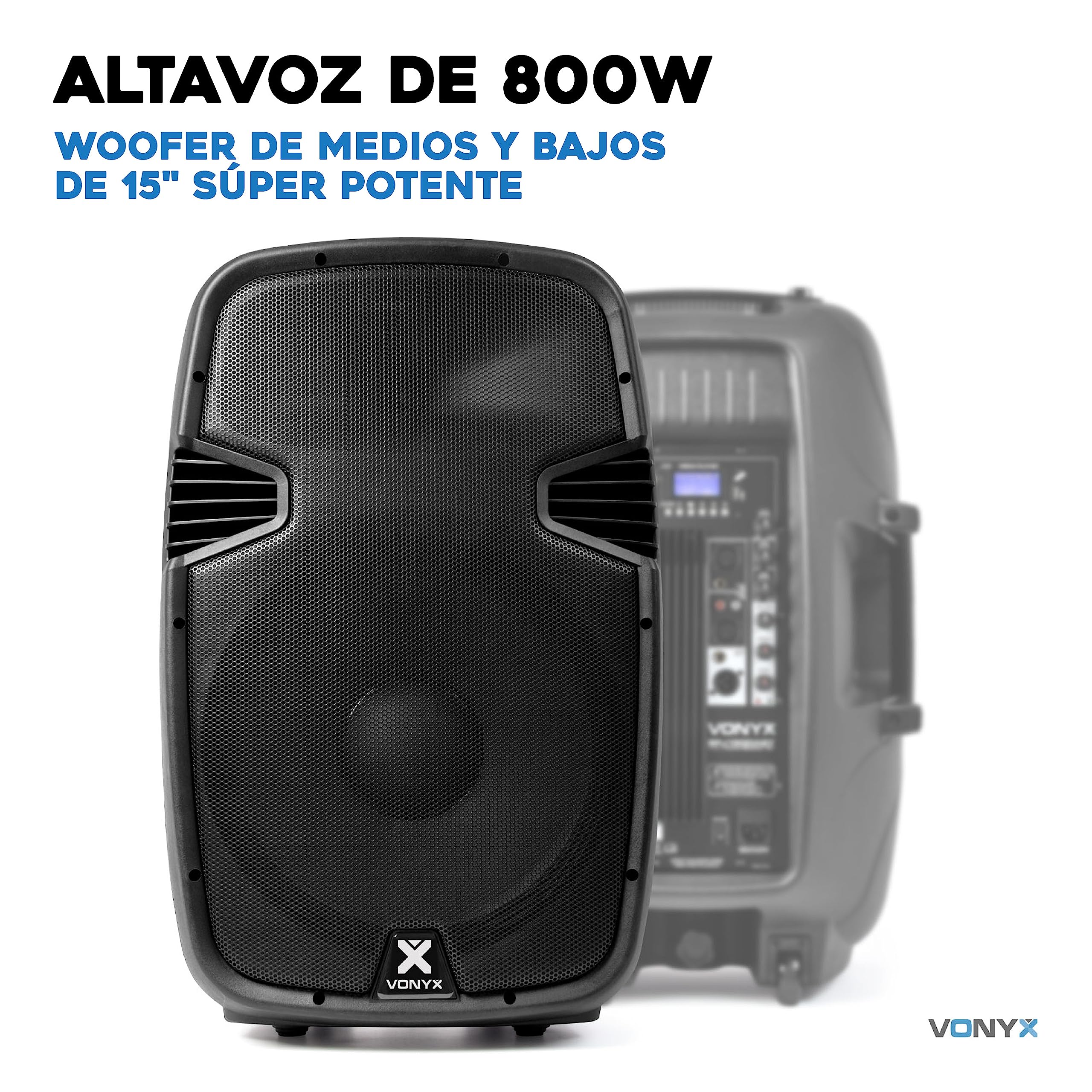 Vonyx SPJ-1500ABT Altavoz Activo 15” Autoamplificado 800W con Bluetooth, Reproductor MP3, USB/SD, Entrada Micrófono, Subwoofer Potente, Sonido Profesional para Fiestas, DJ, Eventos y Karaoke